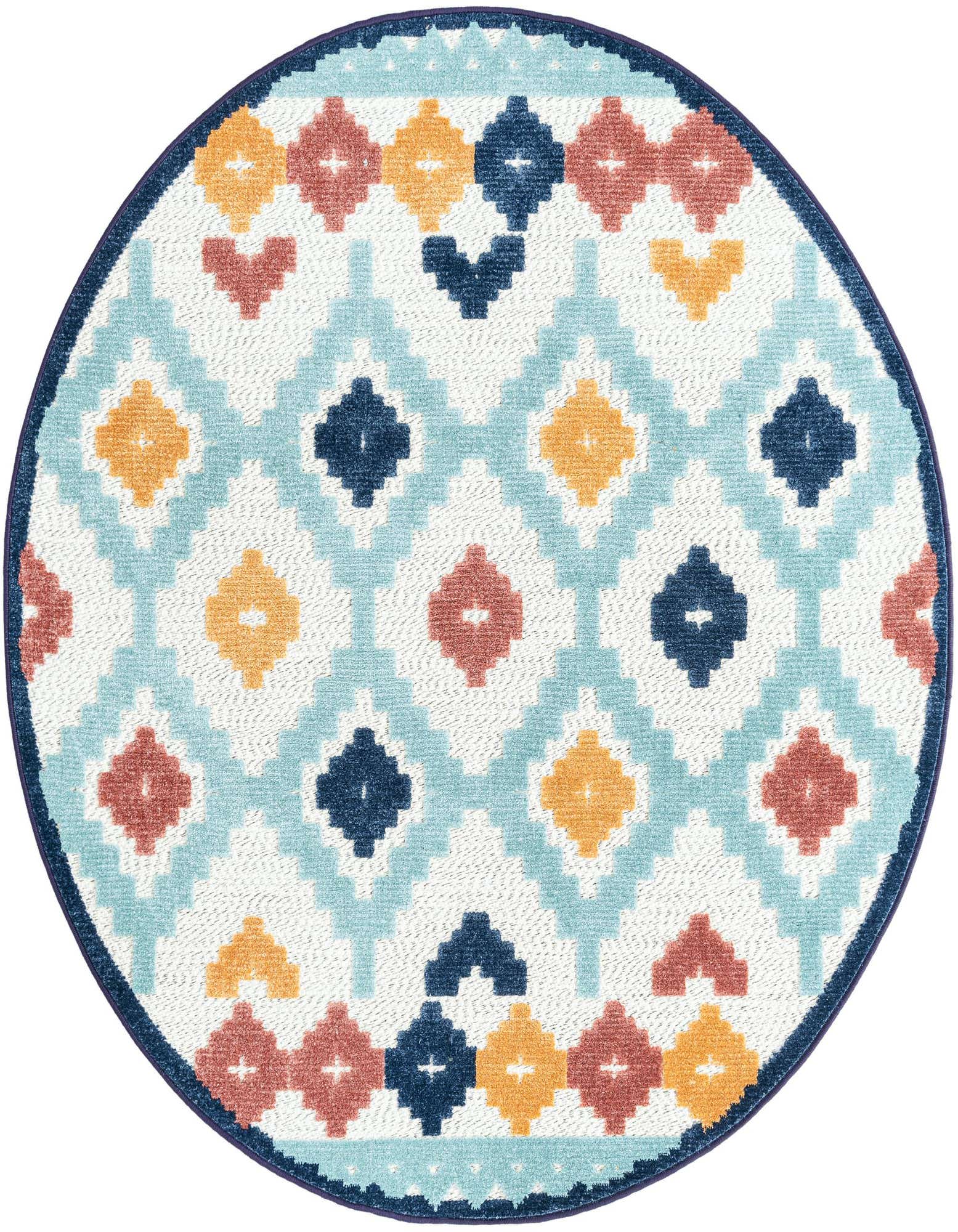 A 5'3" round ivory and cream rug with a modern bohemian trellis pattern in blue, orange, and terracotta, suitable for indoor or outdoor use.