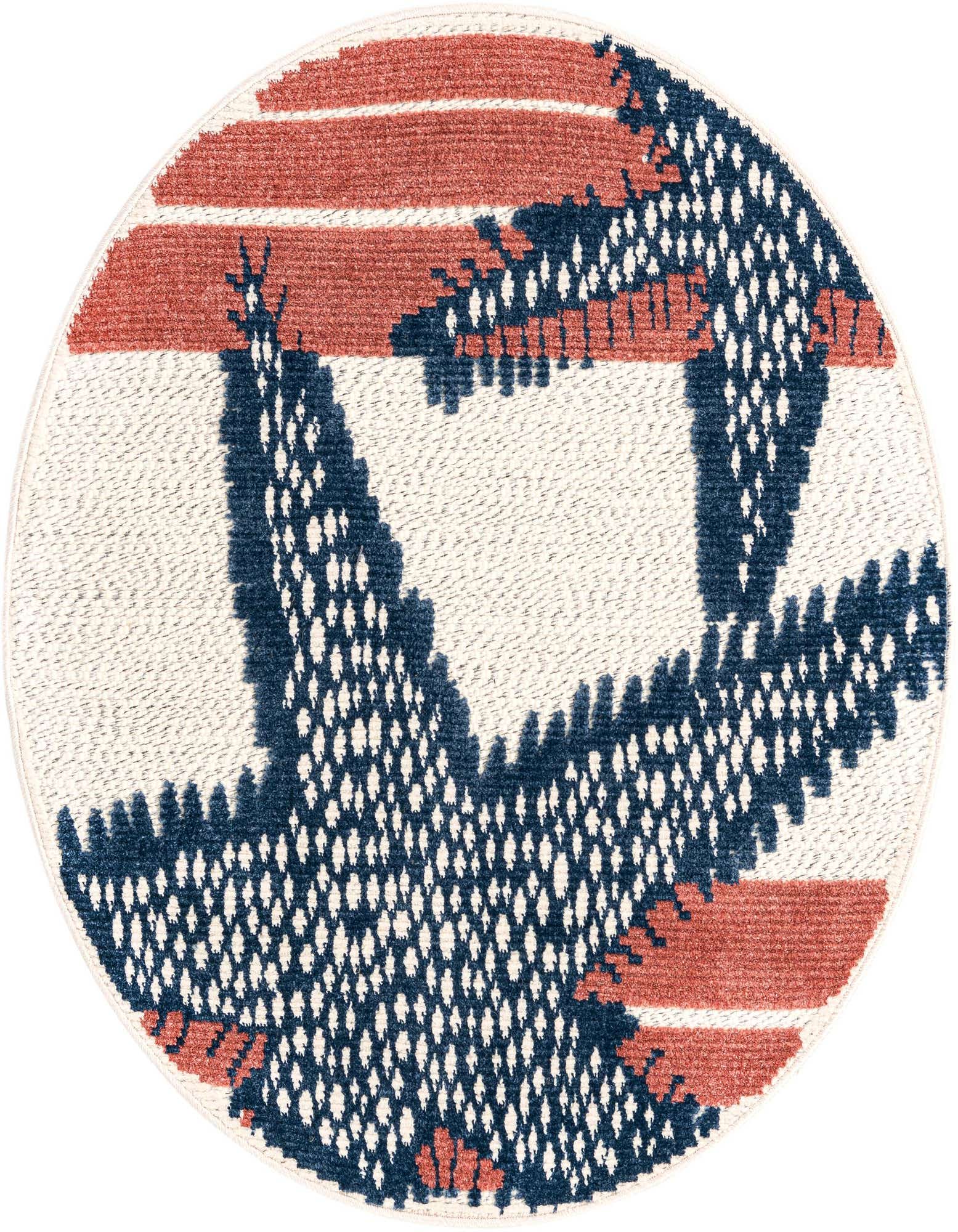 A round indoor/outdoor rug with a modern coastal design featuring large navy blue starfish and coral stripes on an ivory background.