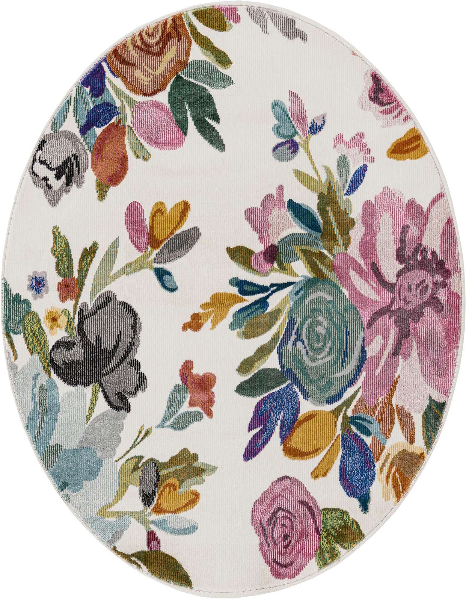 A round ivory rug with a vibrant, modern floral pattern featuring large blooms in pink, blue, green, and yellow.