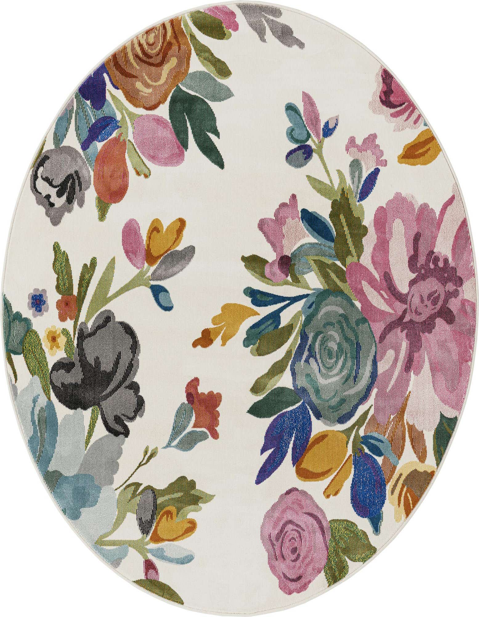 A 5' 3 round ivory rug with a vibrant modern floral and botanical pattern in pink, blue, green, and orange.