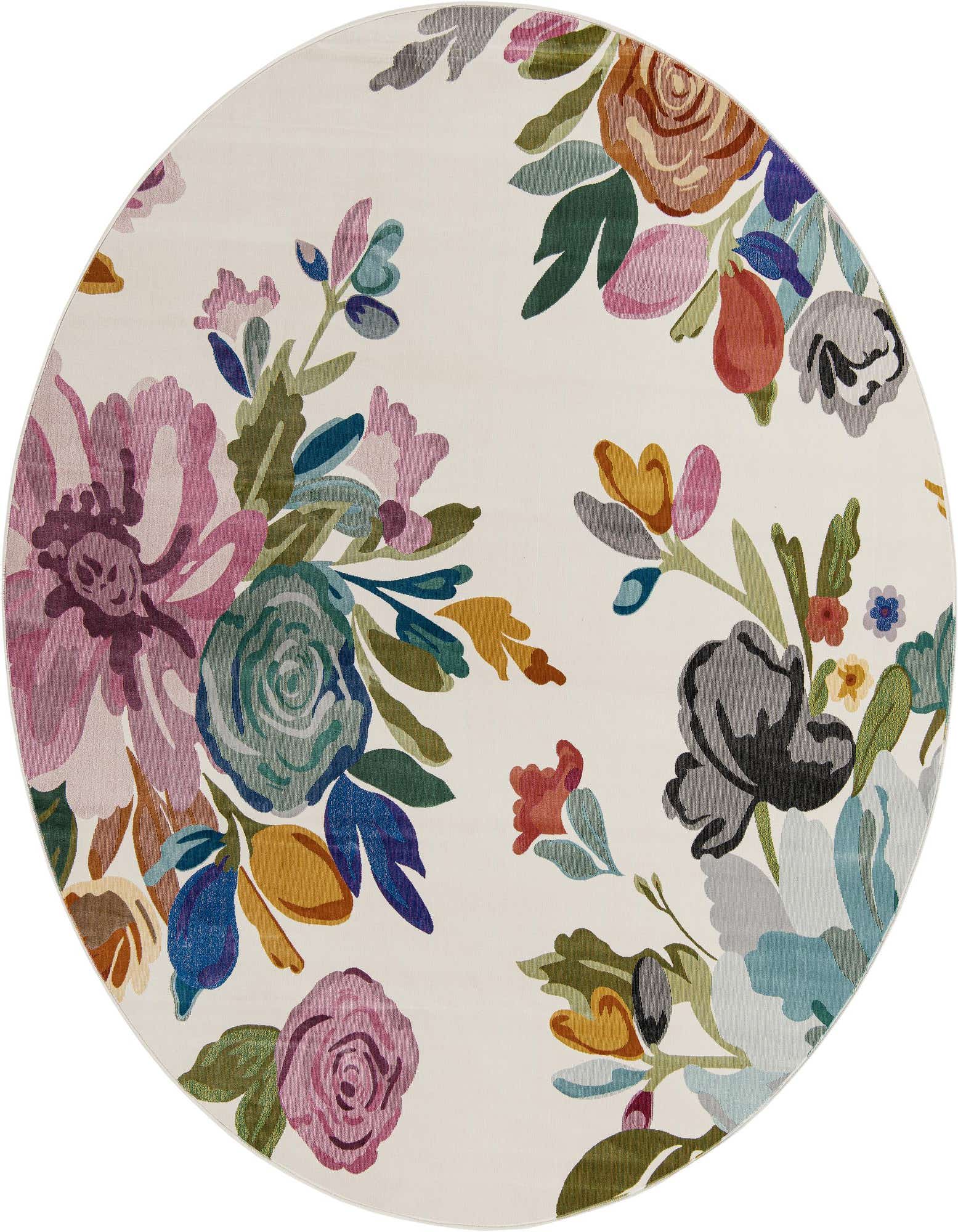 A round ivory Rugs.com Blossom rug featuring a vibrant modern floral and botanical pattern in various colors.