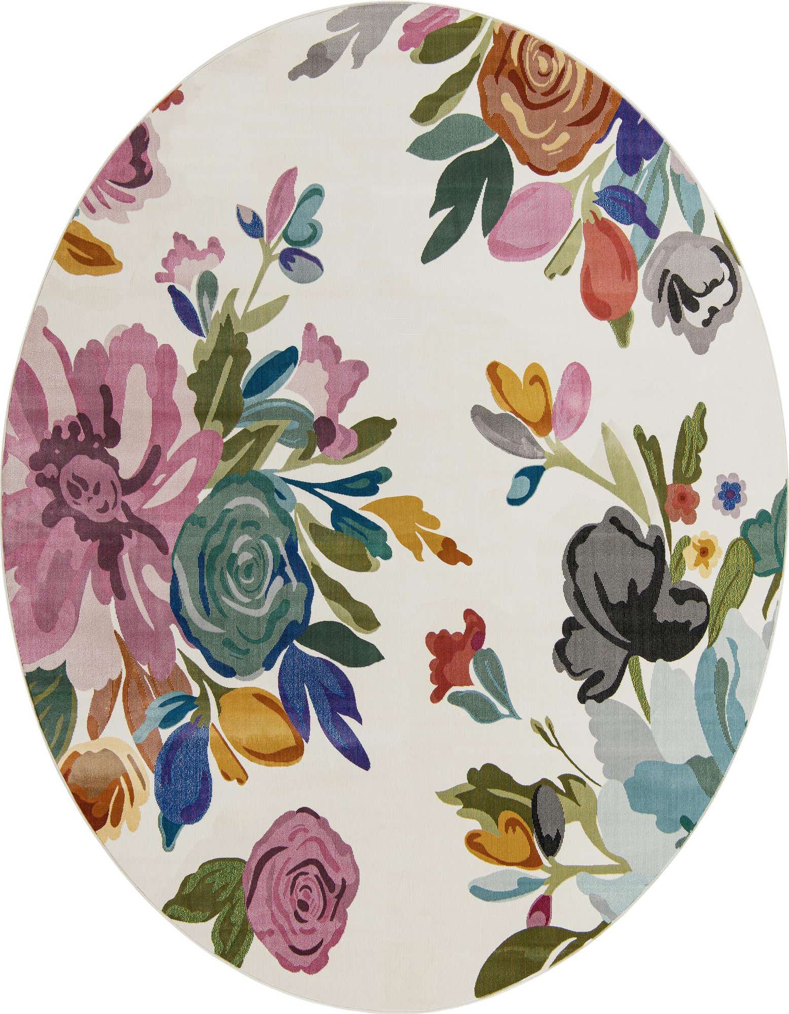 A 10-foot round ivory rug with a vibrant, modern floral pattern featuring large pink, blue, orange, and green blossoms.