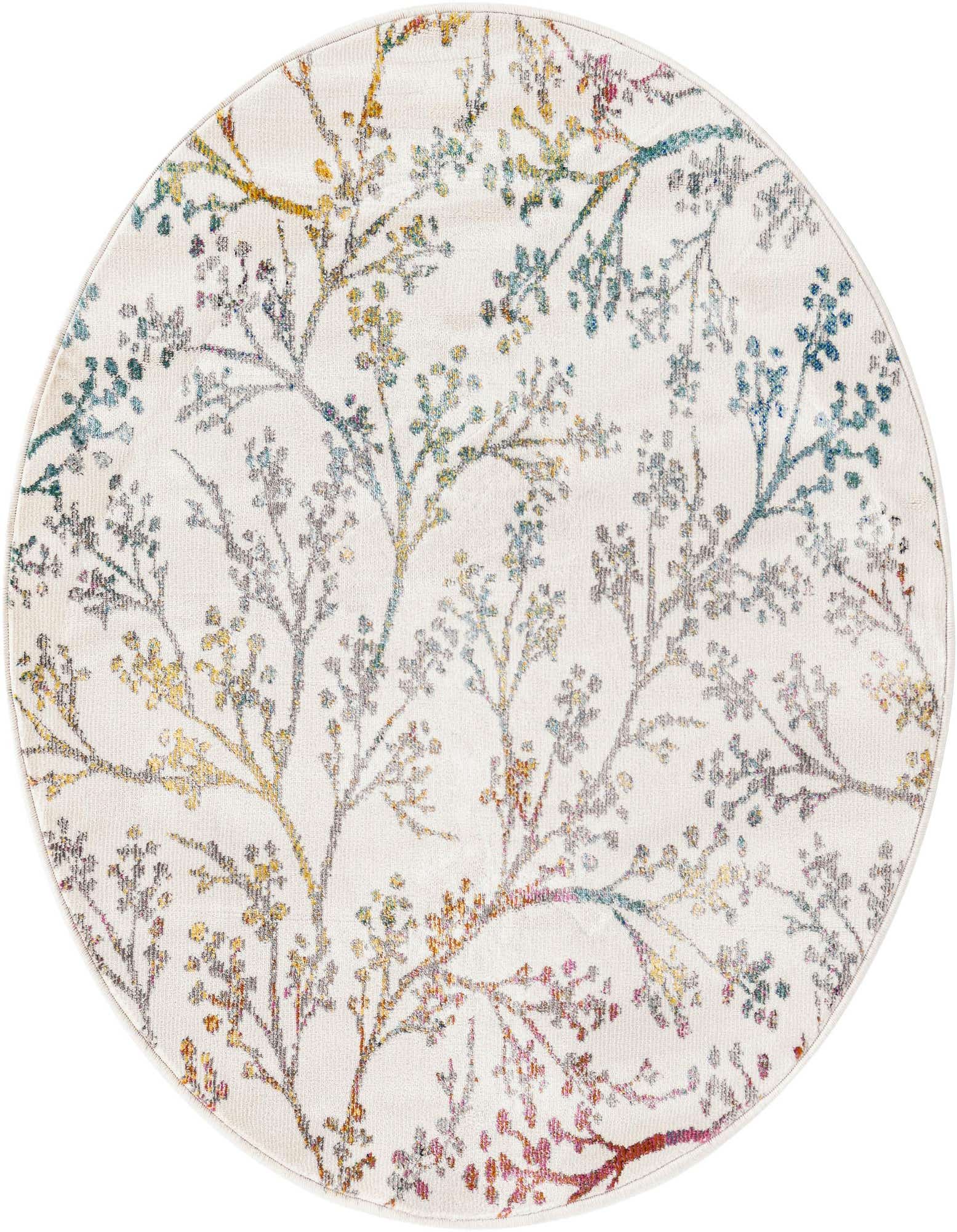A round ivory rug with a modern floral pattern of colorful branches and leaves in blue, green, yellow, and red.