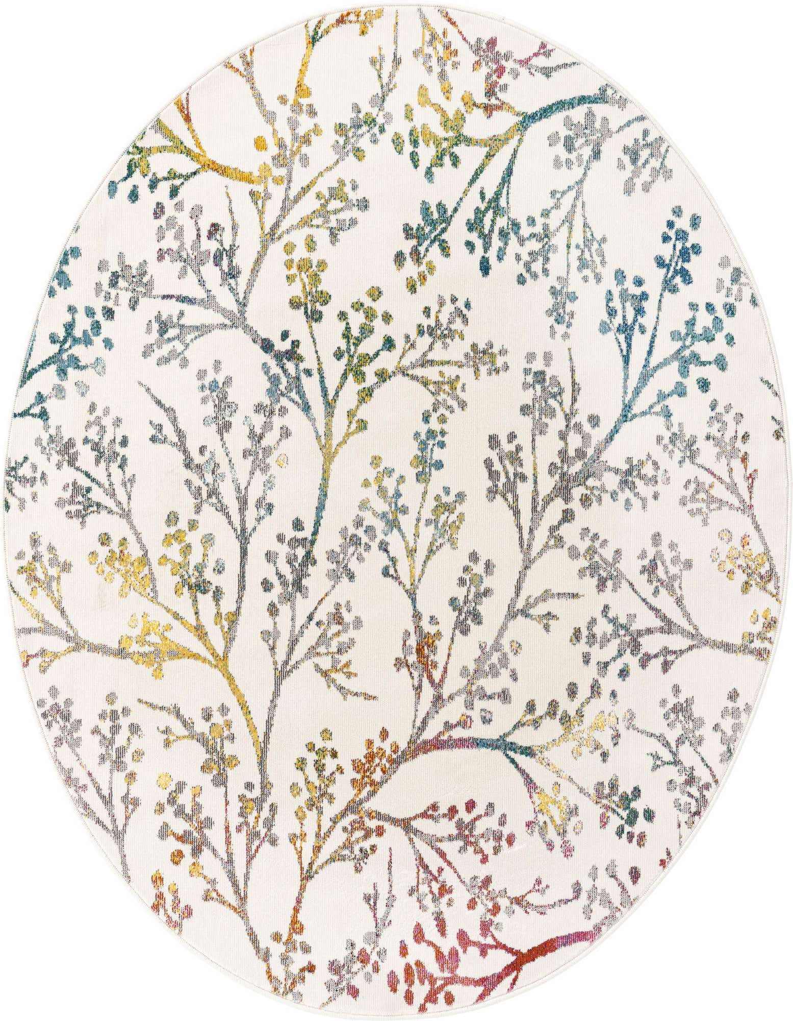 A round ivory rug with a modern botanical pattern of colorful branches and small leaves in shades of yellow, blue, green, and red.