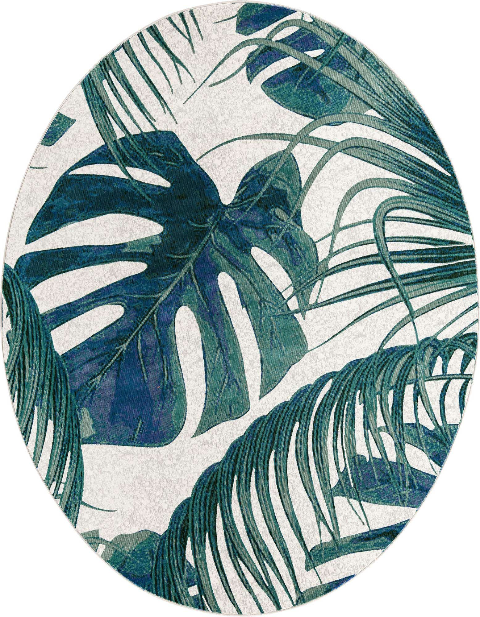 Round ivory rug with large teal and blue botanical monstera and palm leaf pattern, perfect for a modern indoor space.