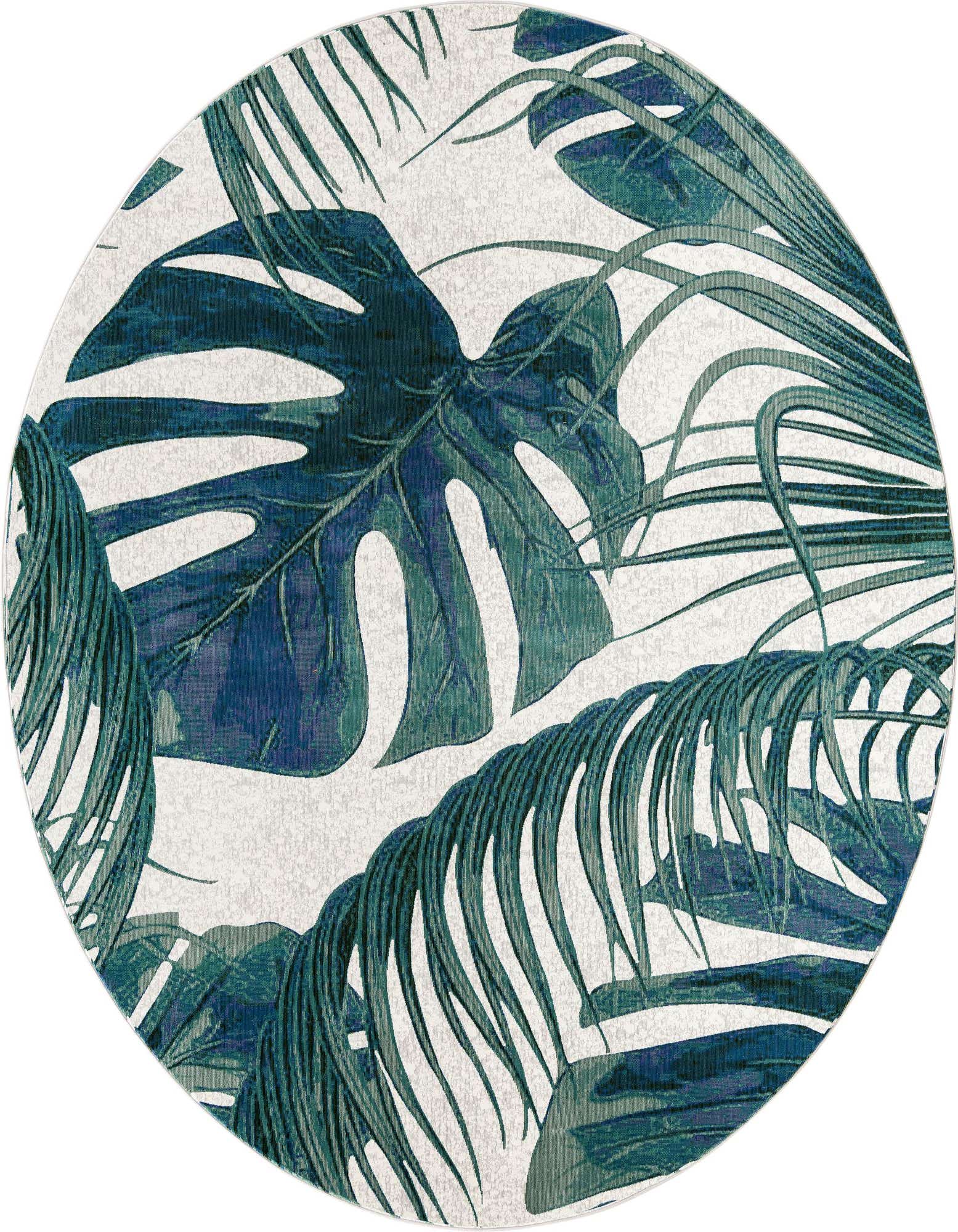 A round ivory rug featuring large, vibrant green and blue tropical monstera and palm leaves, perfect for a modern indoor space.