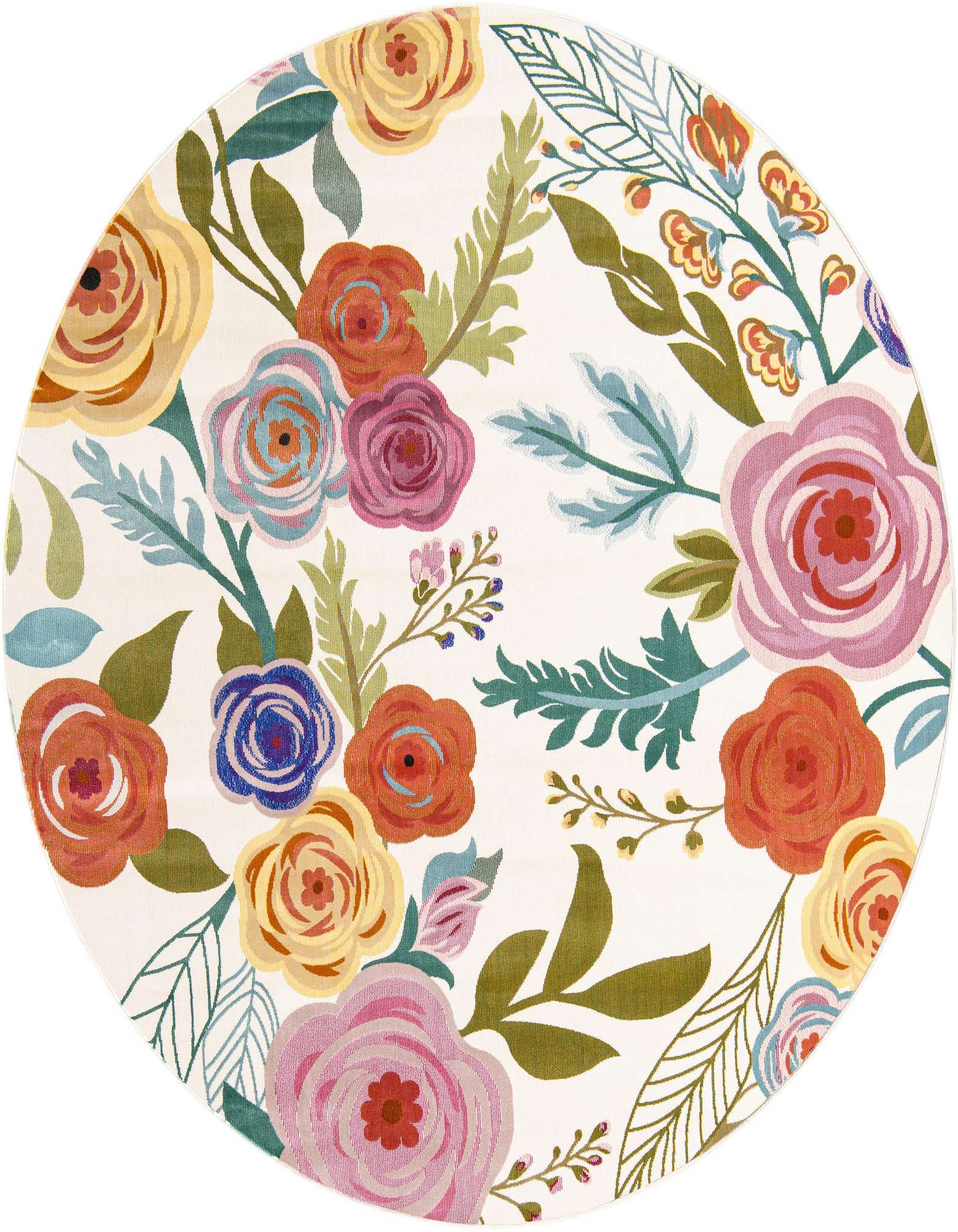 A 7' round ivory rug with a vibrant modern floral pattern featuring large pink, orange, yellow, and blue roses with green leaves.