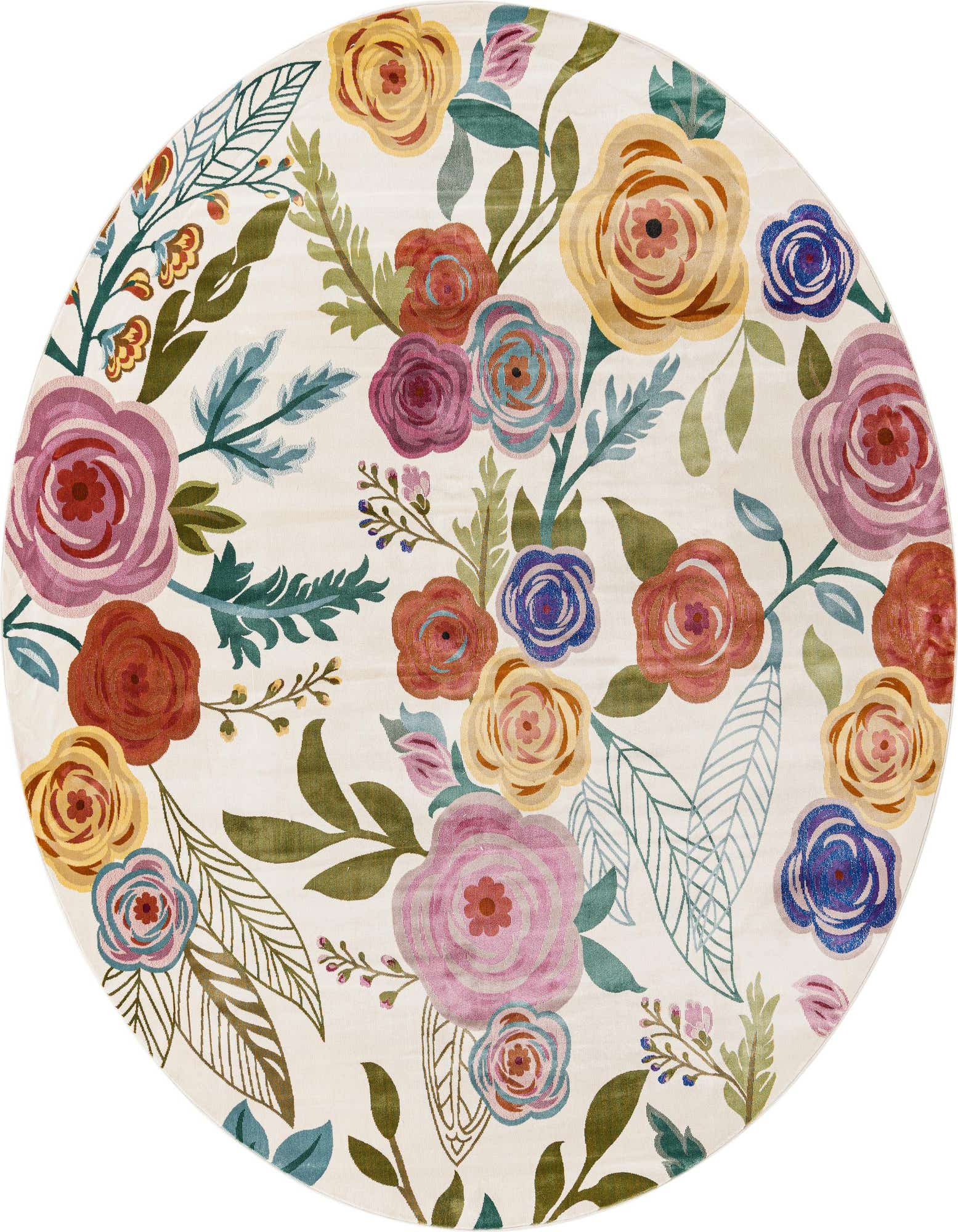 A 10' round ivory rug featuring a vibrant, modern floral and botanical pattern with pink, yellow, blue, and red flowers.