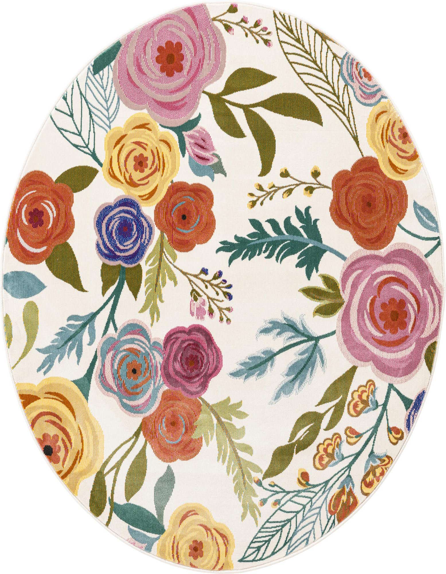 A 4' round ivory rug with a vibrant modern floral pattern featuring pink, yellow, orange, and blue roses with green leaves.