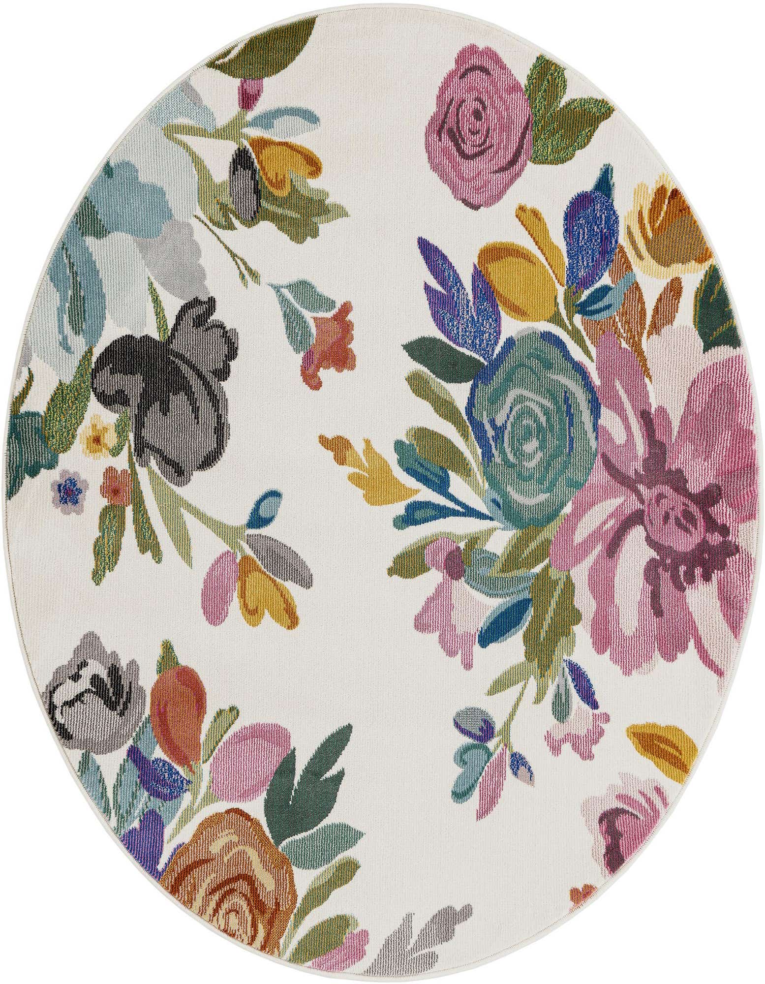 A round ivory rug with a vibrant floral pattern featuring large pink, blue, yellow, and green blossoms.