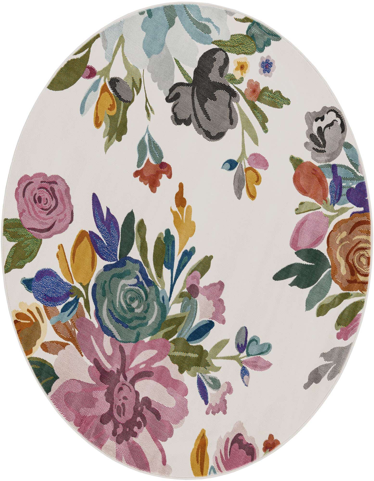 A round ivory rug with a vibrant floral pattern featuring large pink, blue, yellow, and green flowers and leaves.