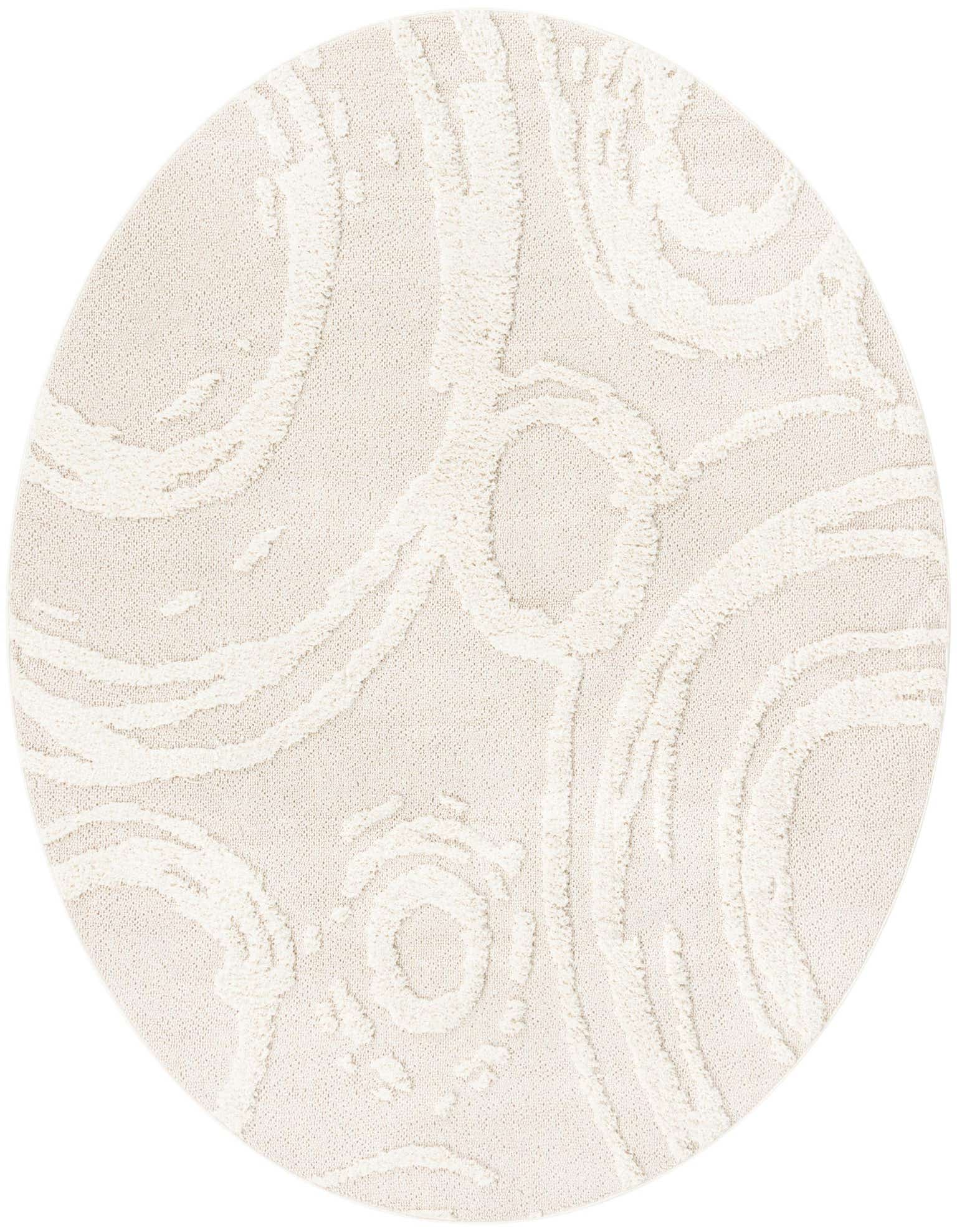 A 7' 10 x 7' 10 round ivory bohemian rug with a textured abstract pattern, ideal for indoor spaces.