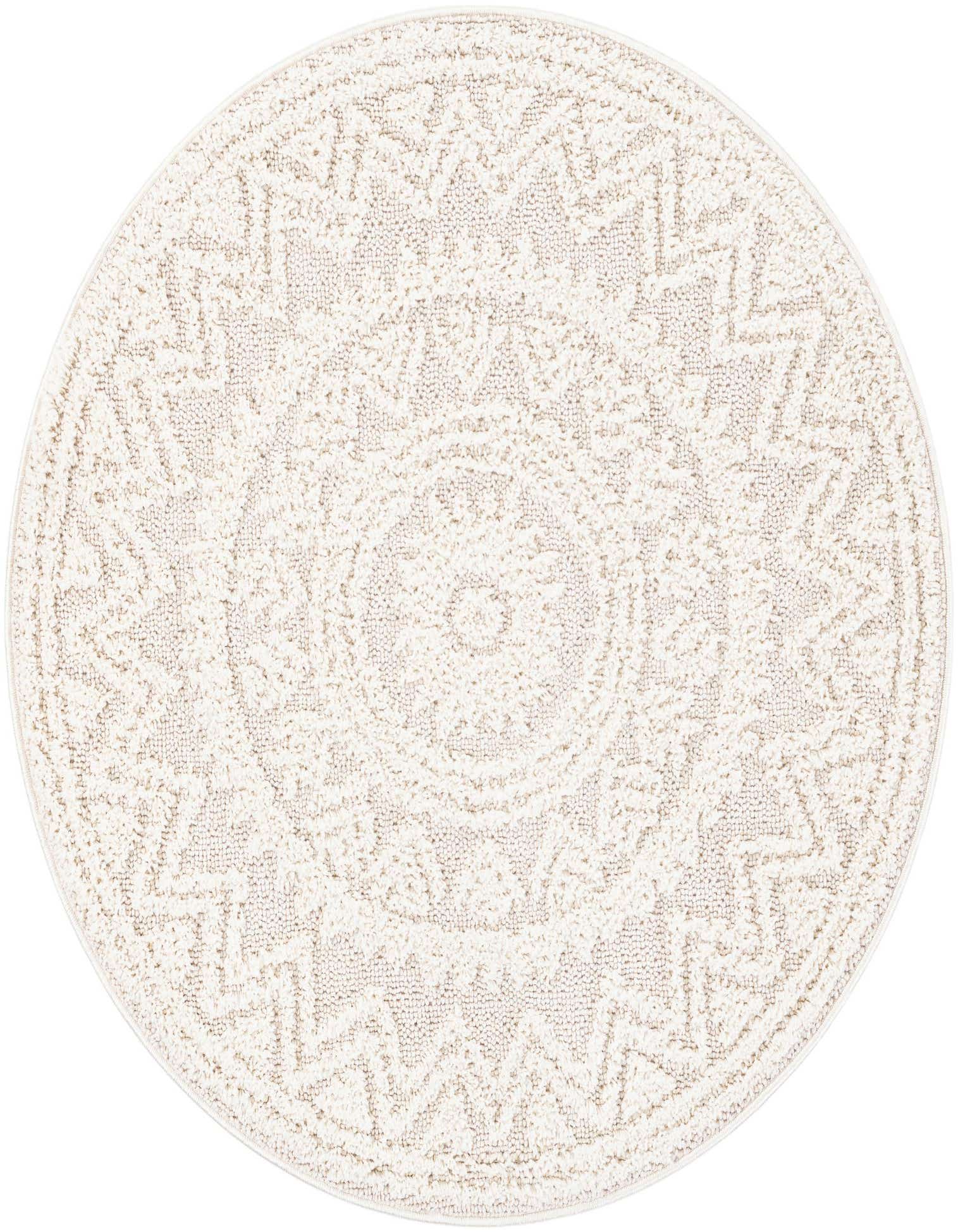 A round ivory and cream rug with a textured modern geometric pattern, suitable for various indoor spaces.