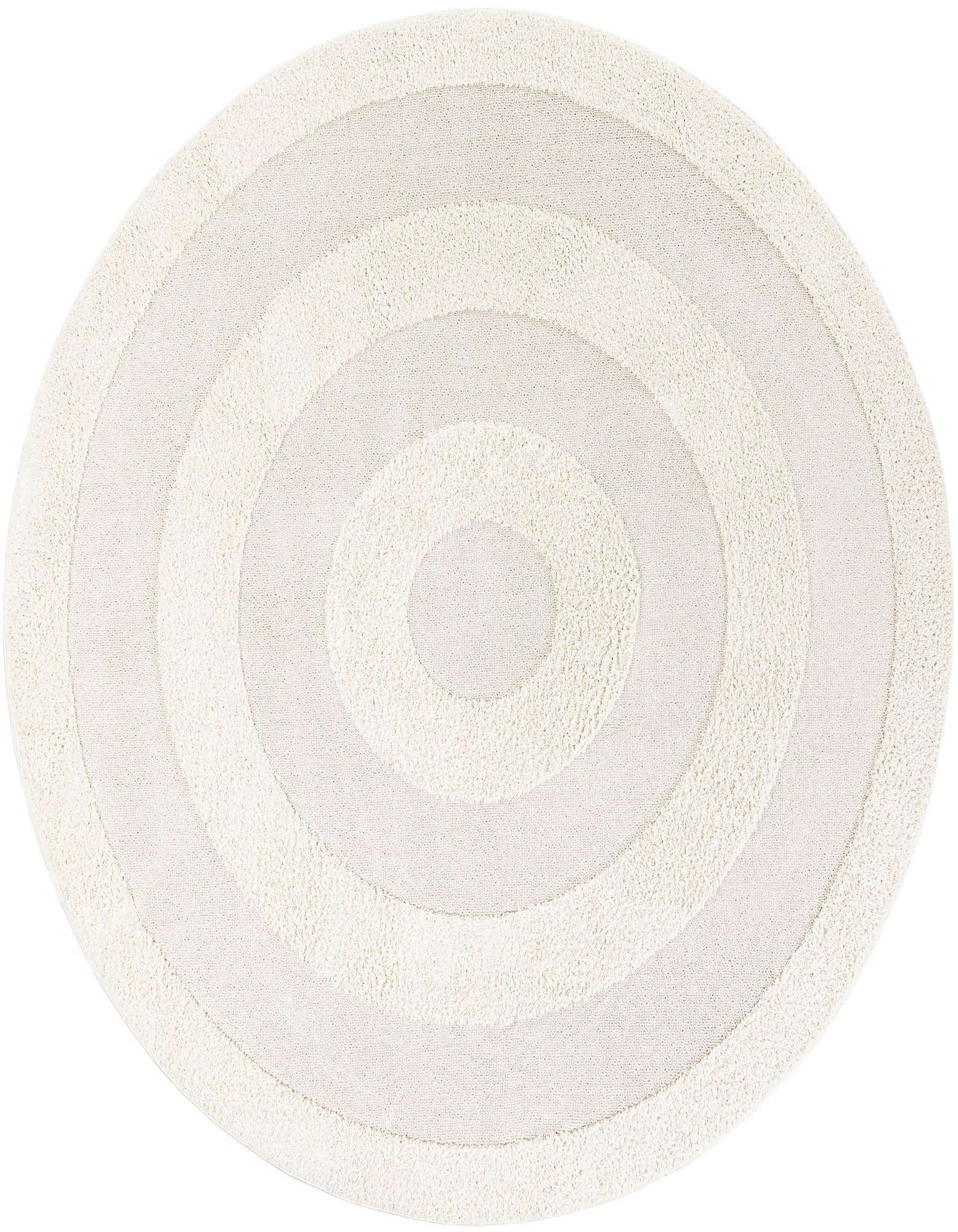 A 10-foot round ivory and cream rug with a modern concentric circle pattern, featuring alternating thin flatweave and textured high pile stripes.