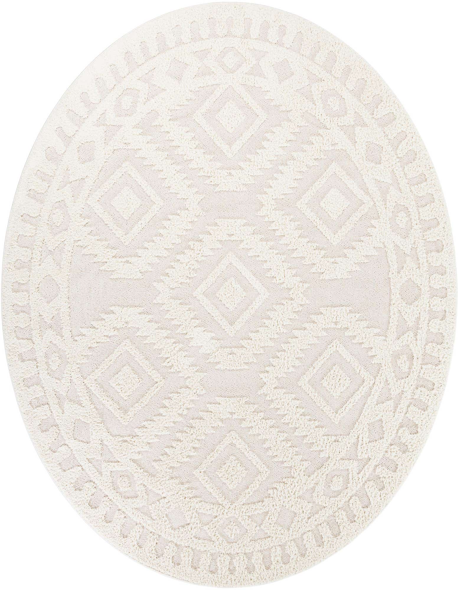 A 10-foot round ivory area rug with a modern geometric pattern and textured pile, perfect for a living room.