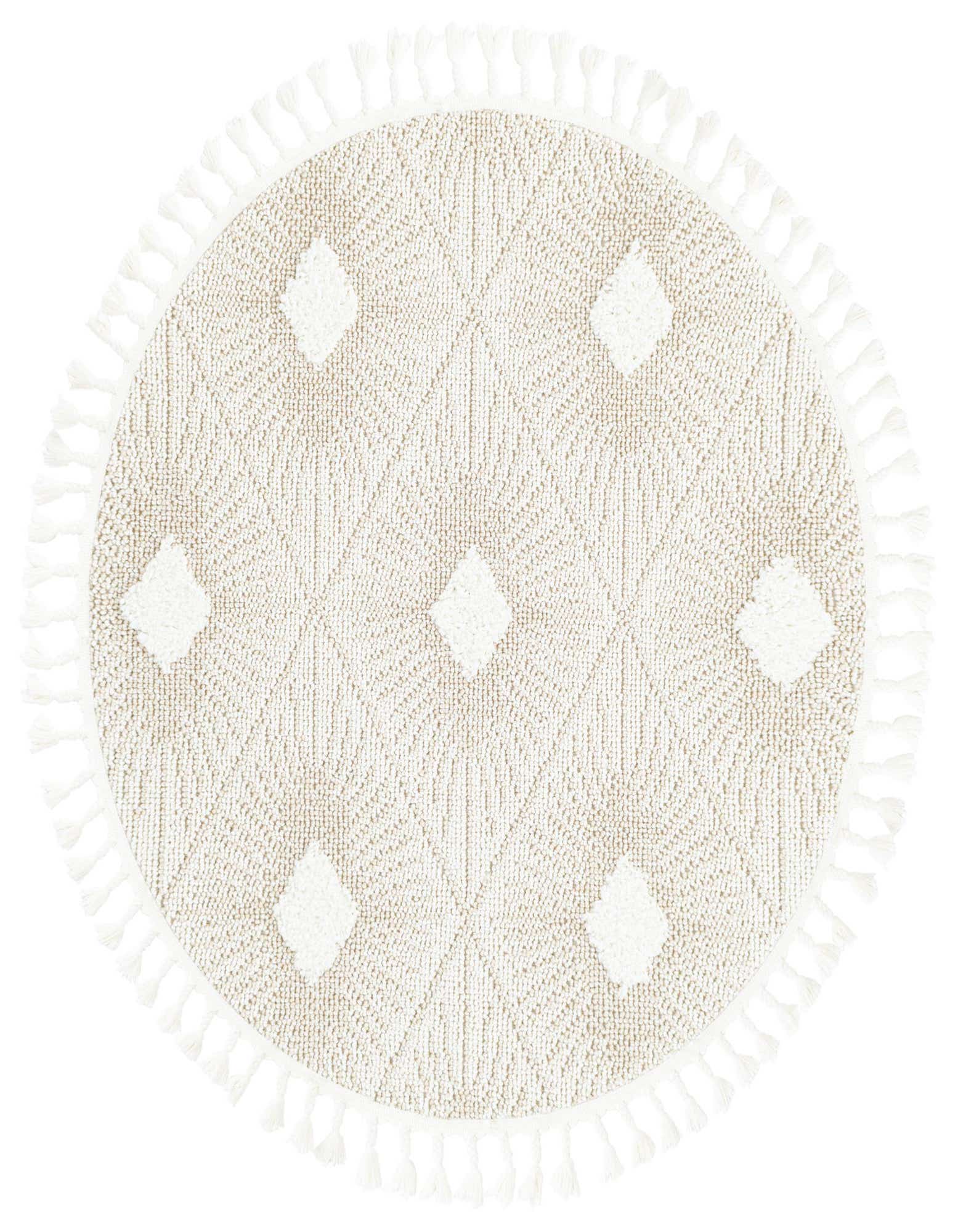 A round ivory and cream rug with a textured geometric pattern and white diamond accents, finished with a fringe border.