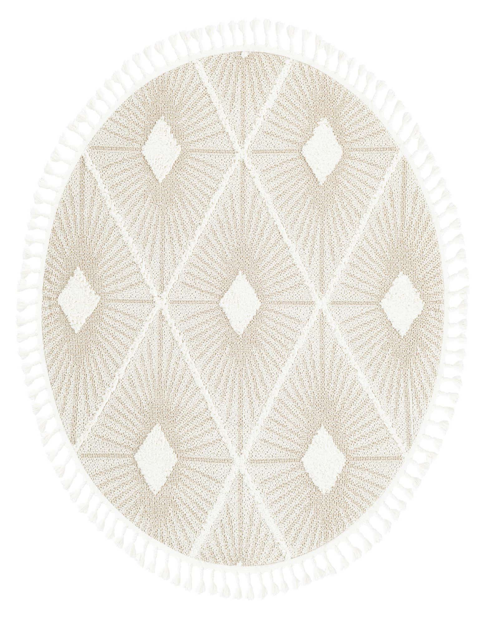 A round 5'3" ivory and cream rug with a geometric diamond pattern and decorative fringe tassels around the edge.