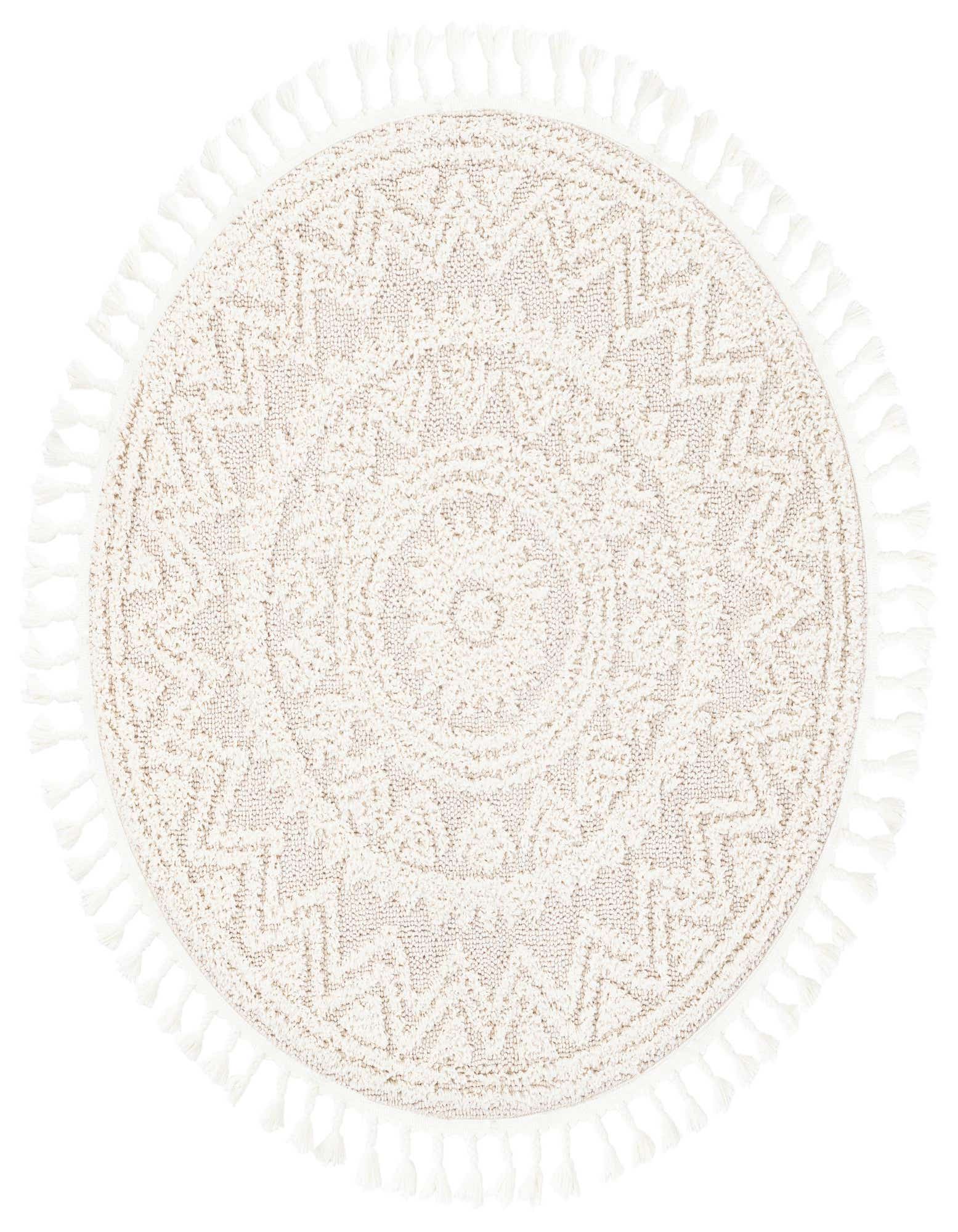 A 5' 3 round ivory and cream rug with a textured geometric pattern and white tassels around the edge.
