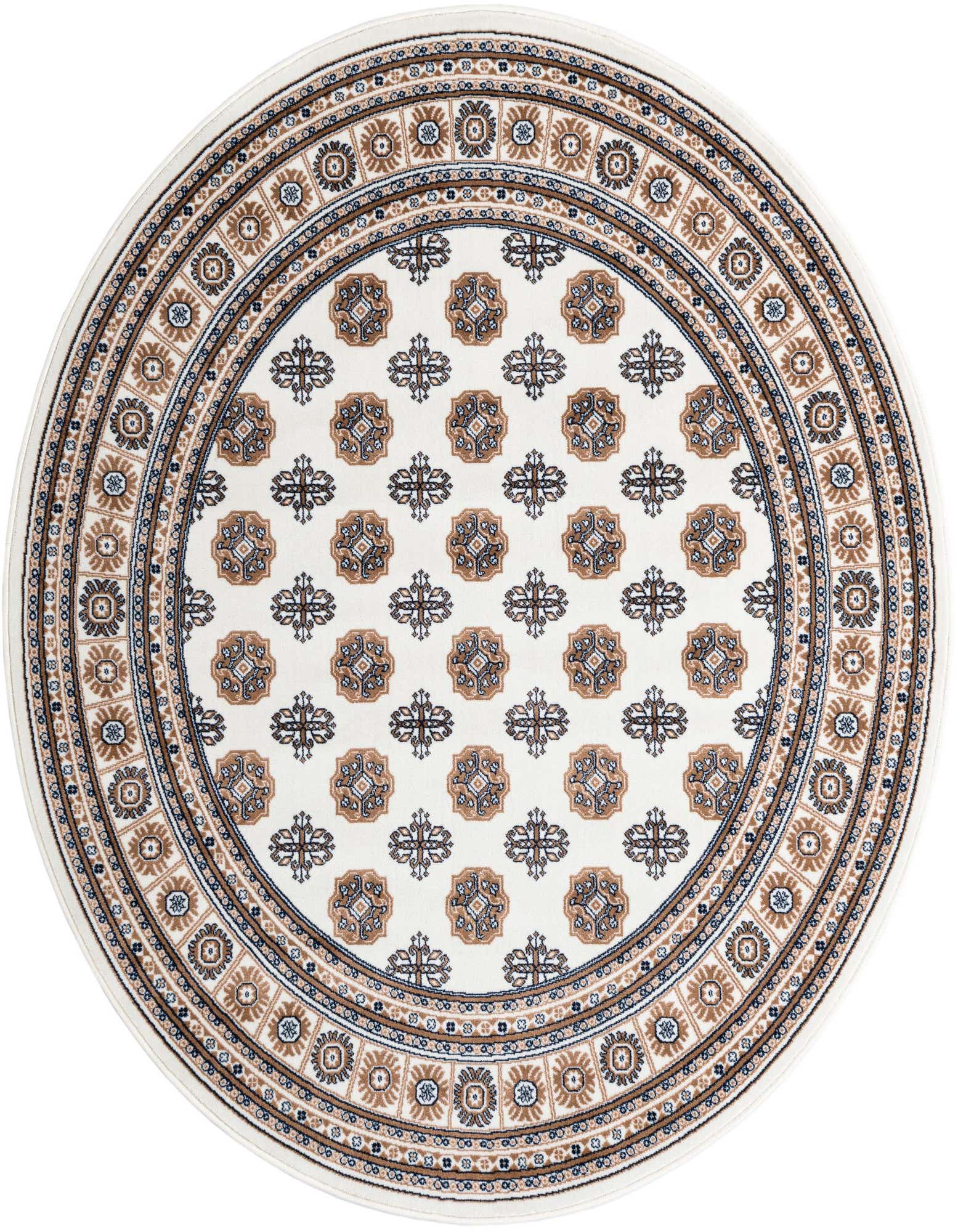 A round ivory rug with a central field of repeating brown and blue geometric motifs, bordered by concentric bands of intricate patterns.
