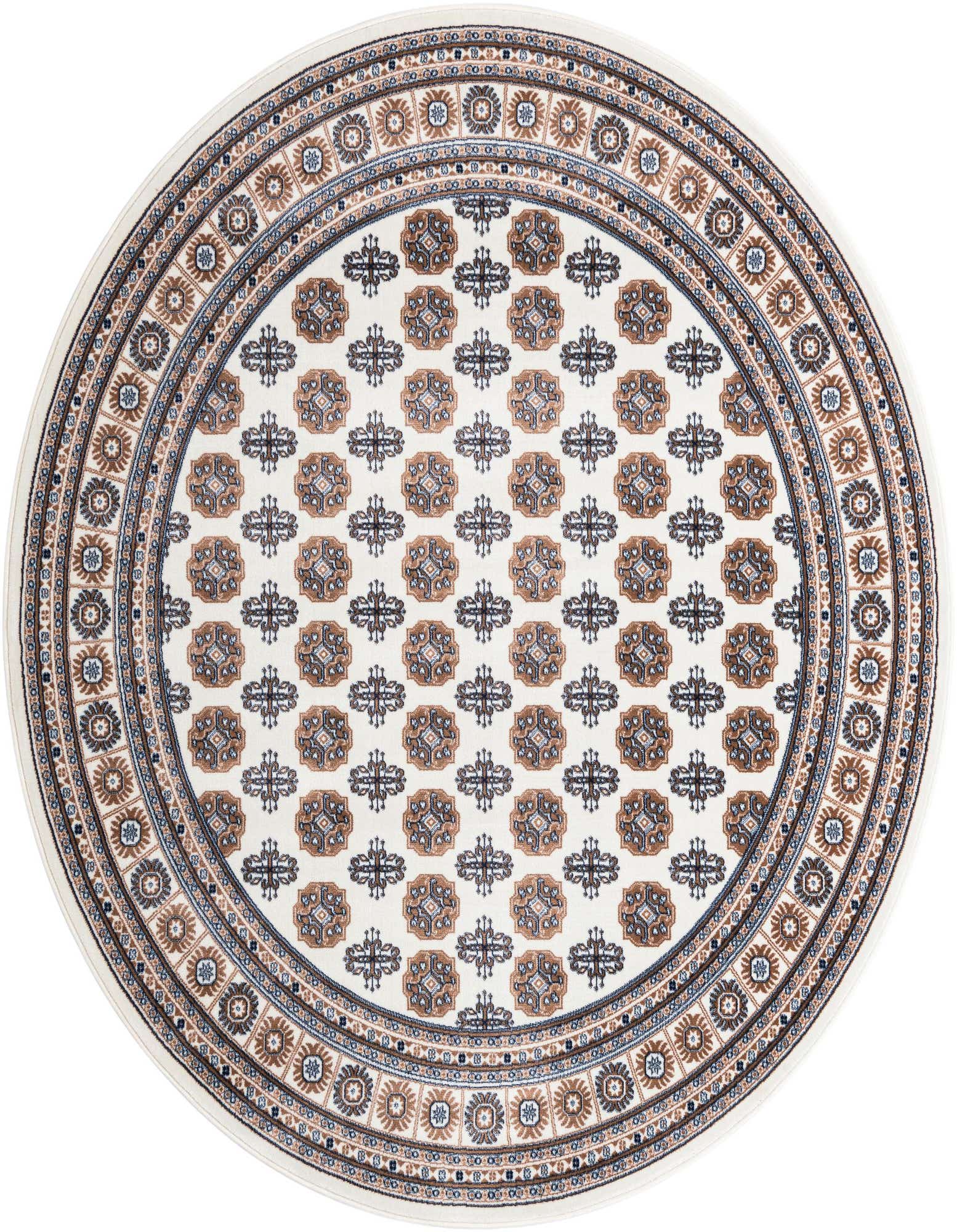 A round ivory and cream rug with a traditional Bokhara pattern in brown and blue, featuring a detailed border.