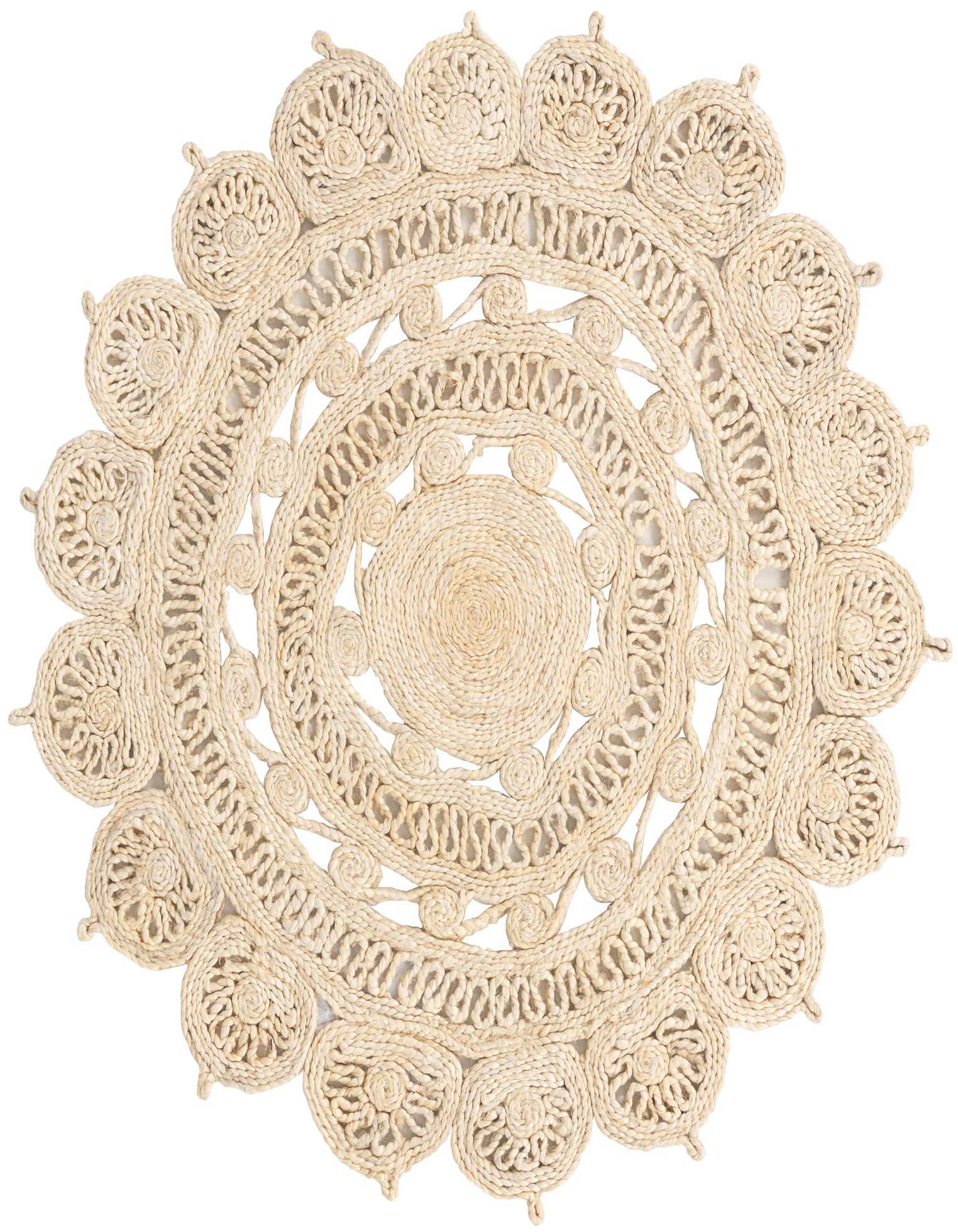 A round, 4' 1" x 4' 1" natural jute rug with intricate braided patterns and a scalloped edge, showcasing a modern tribal style.