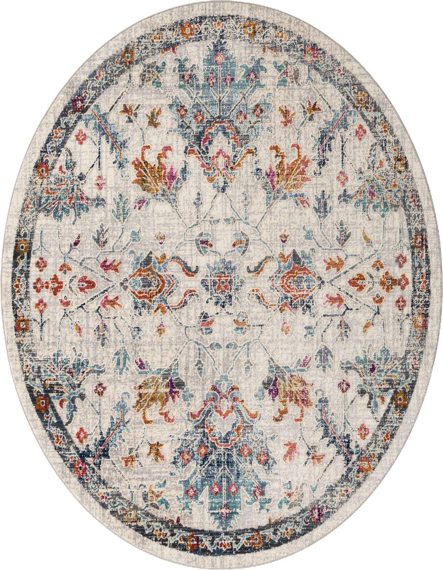A round ivory Bohemian rug with a distressed floral and tribal pattern in teal, orange, pink, and navy.