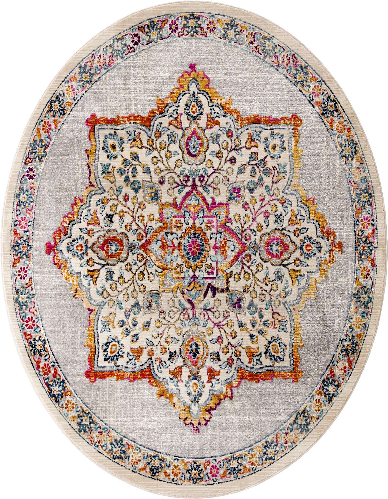 A 5' round ivory and cream rug with a vibrant bohemian medallion pattern in pink, orange, blue, and purple, featuring a textured pile.