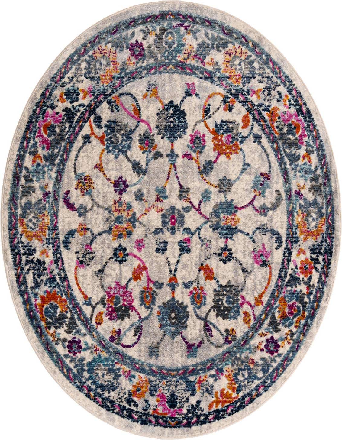 A 3' 7 round ivory Bohemian rug with a distressed floral medallion pattern in blue, pink, orange, and purple.