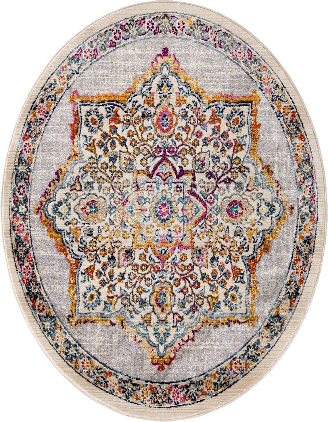 A 3' 7 round ivory and multi-color Bohemian medallion rug with a textured pile, featuring intricate floral patterns.