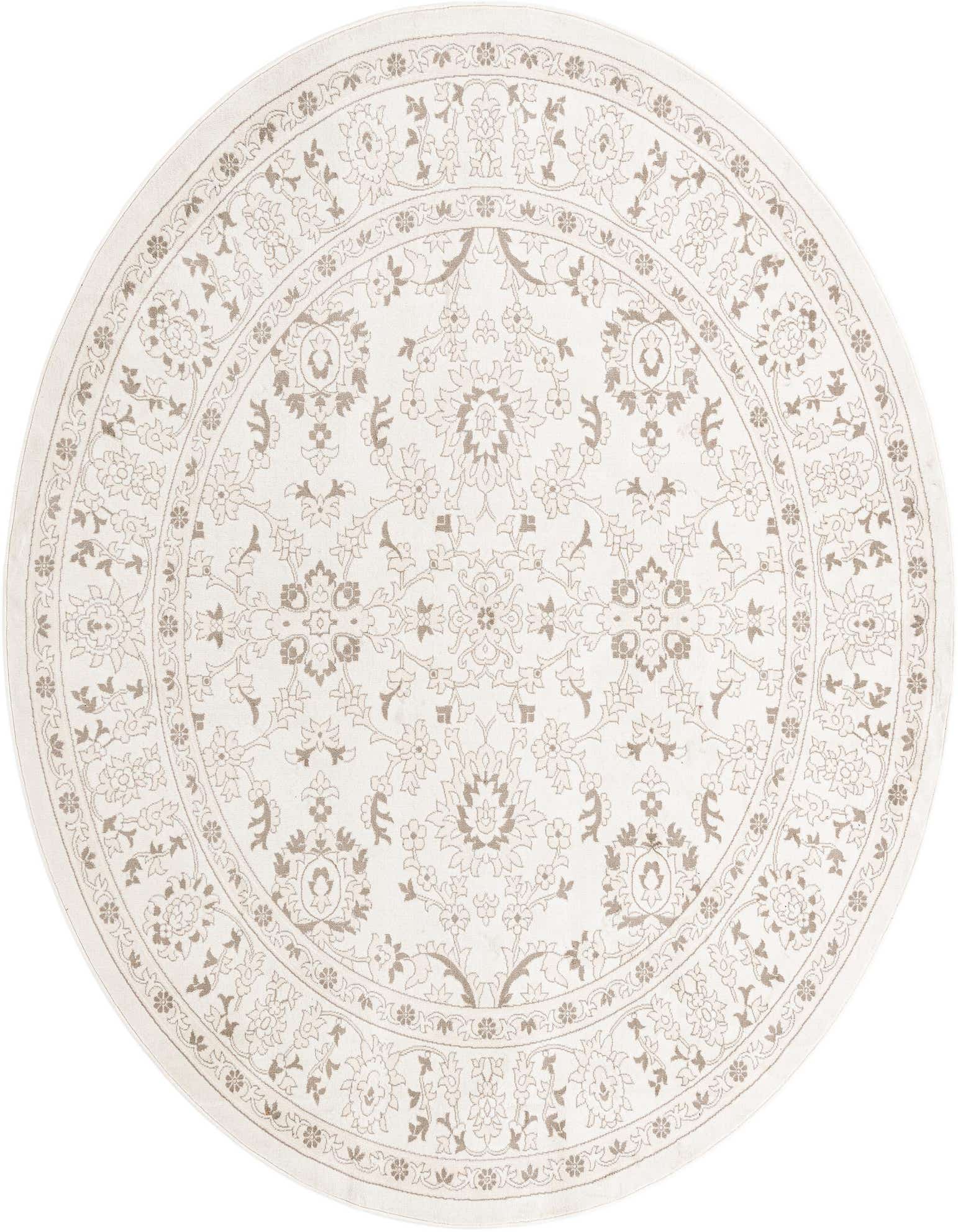 A 10-foot round ivory and cream rug with a traditional oriental floral pattern and thin pile.