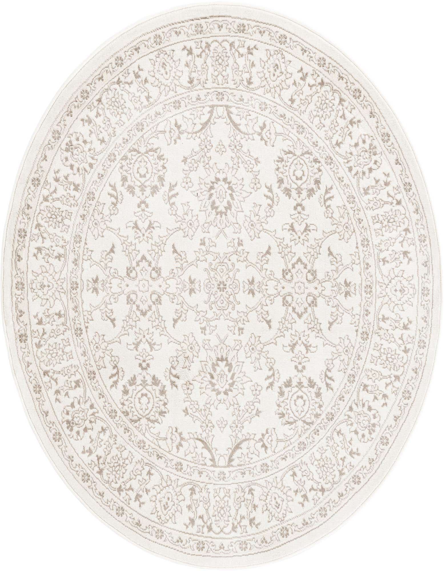 A 6' 1 round ivory traditional rug with a subtle floral and oriental pattern in cream tones.