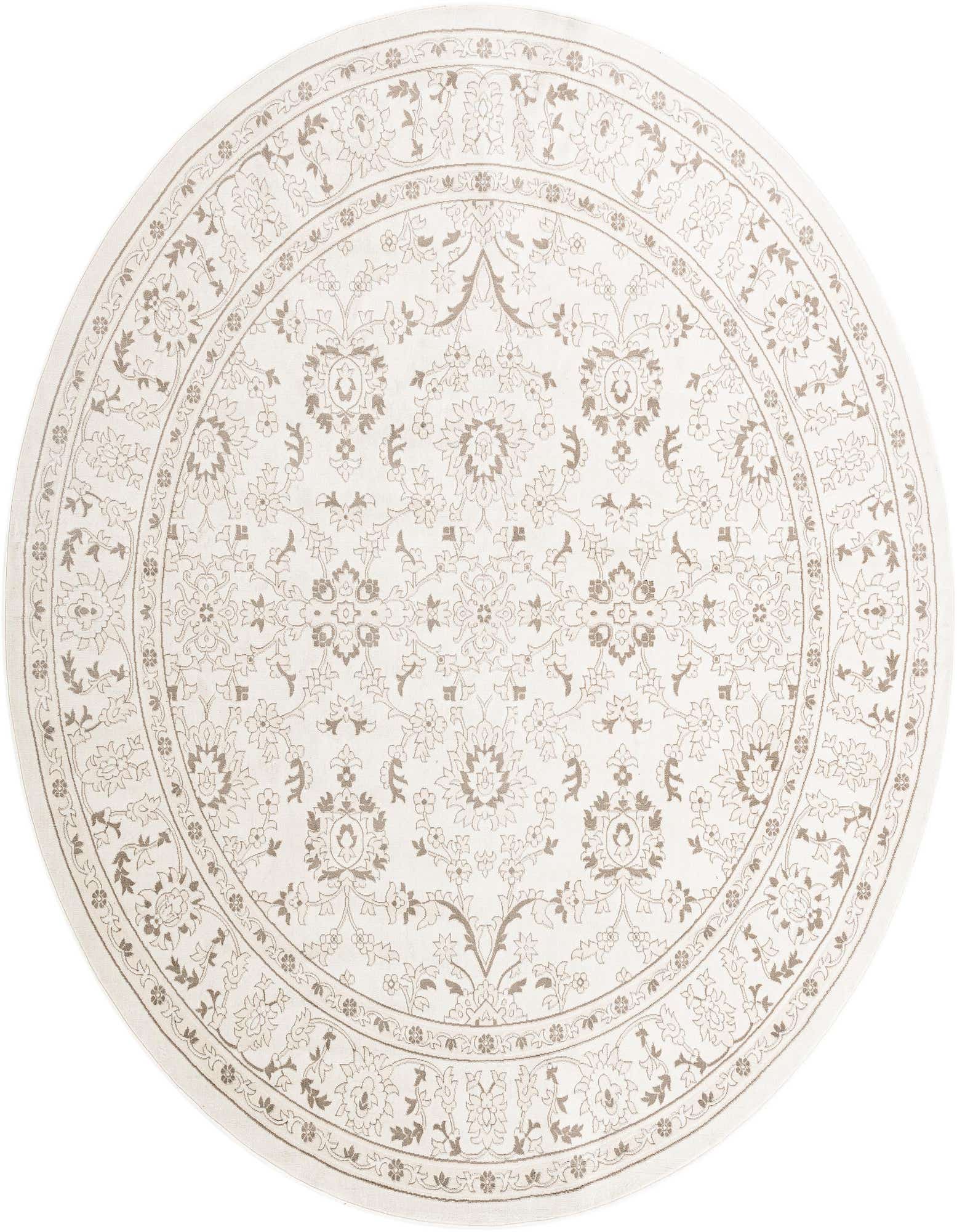 A 12' round ivory and cream rug with a traditional floral Oriental pattern and a thin pile, suitable for indoor use.