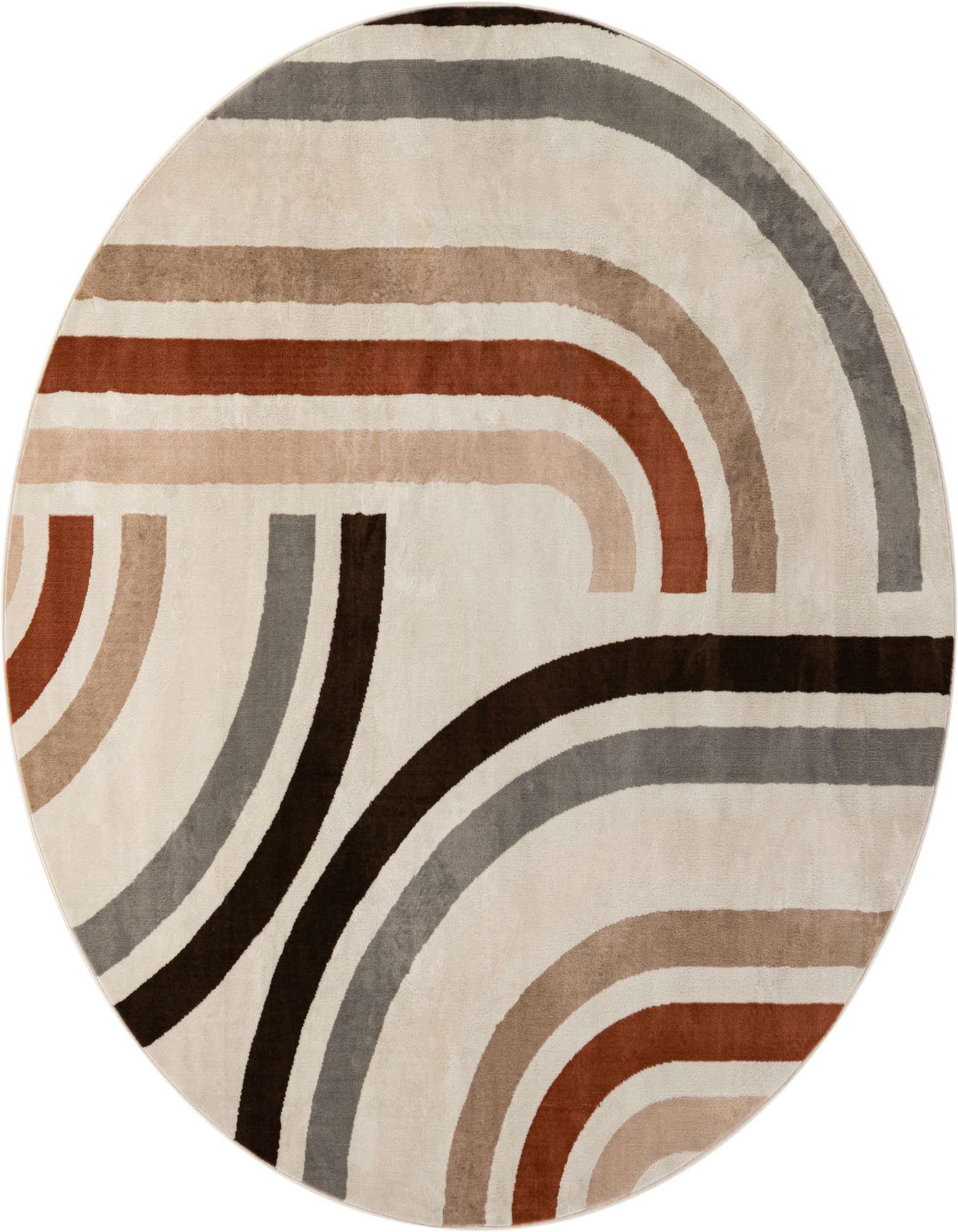 A round ivory rug with a modern abstract pattern of curved lines in shades of brown, gray, and rust.