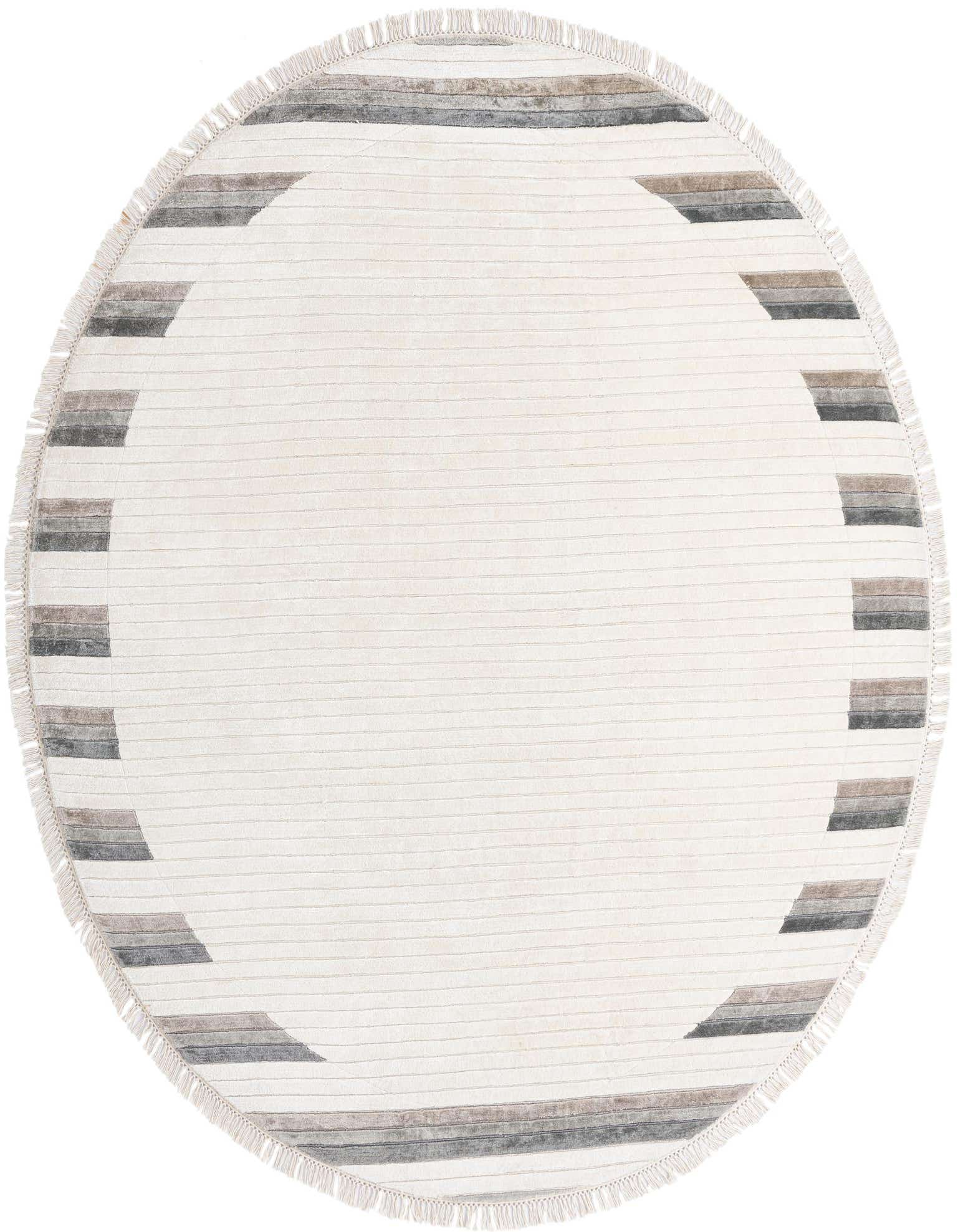 A round ivory wool rug with modern oriental stripes in varying shades of gray and brown, featuring a fringed edge.
