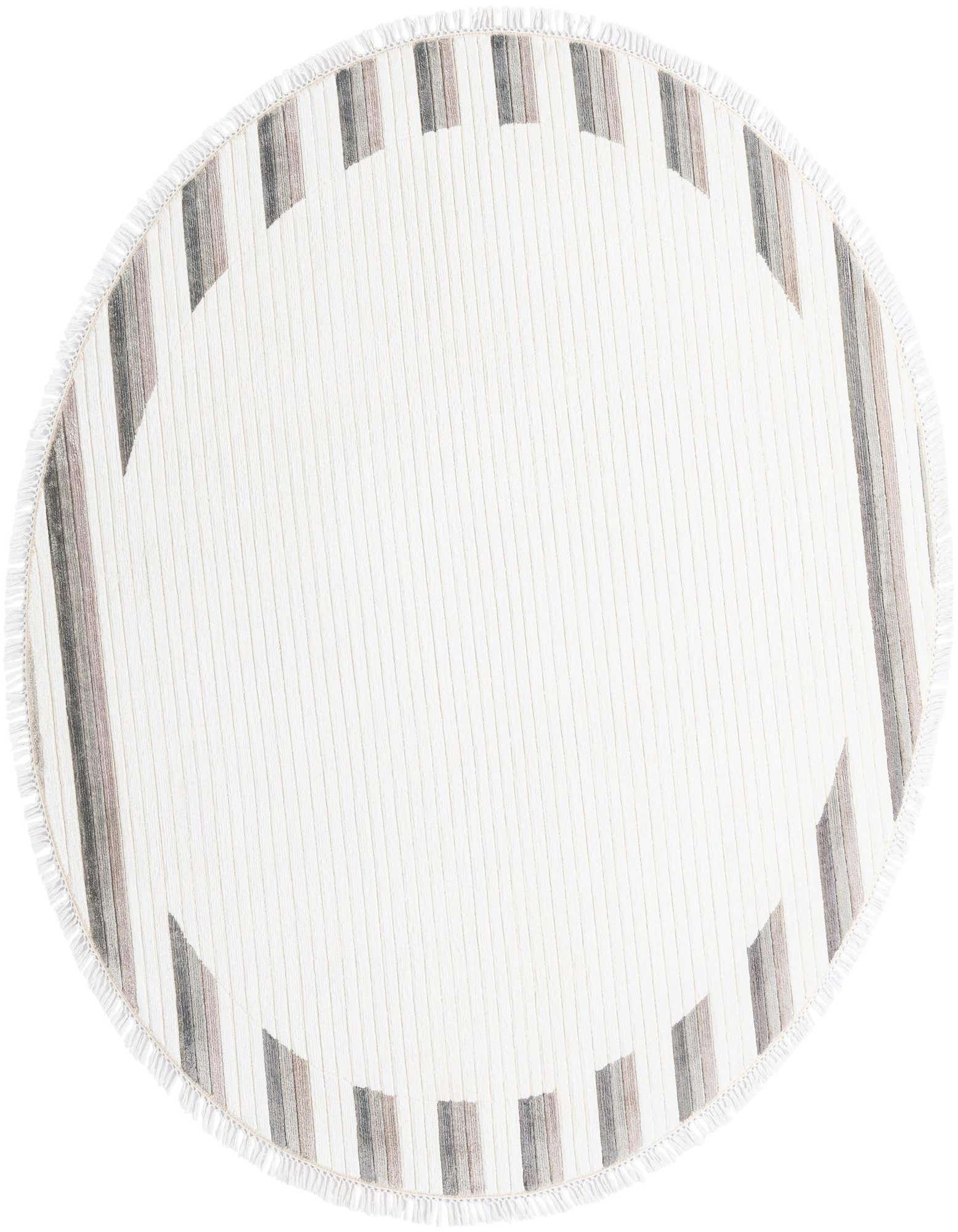 A round ivory and cream wool rug with a modern oriental pattern of gray and brown stripes around the border, featuring a high pile and fringe.
