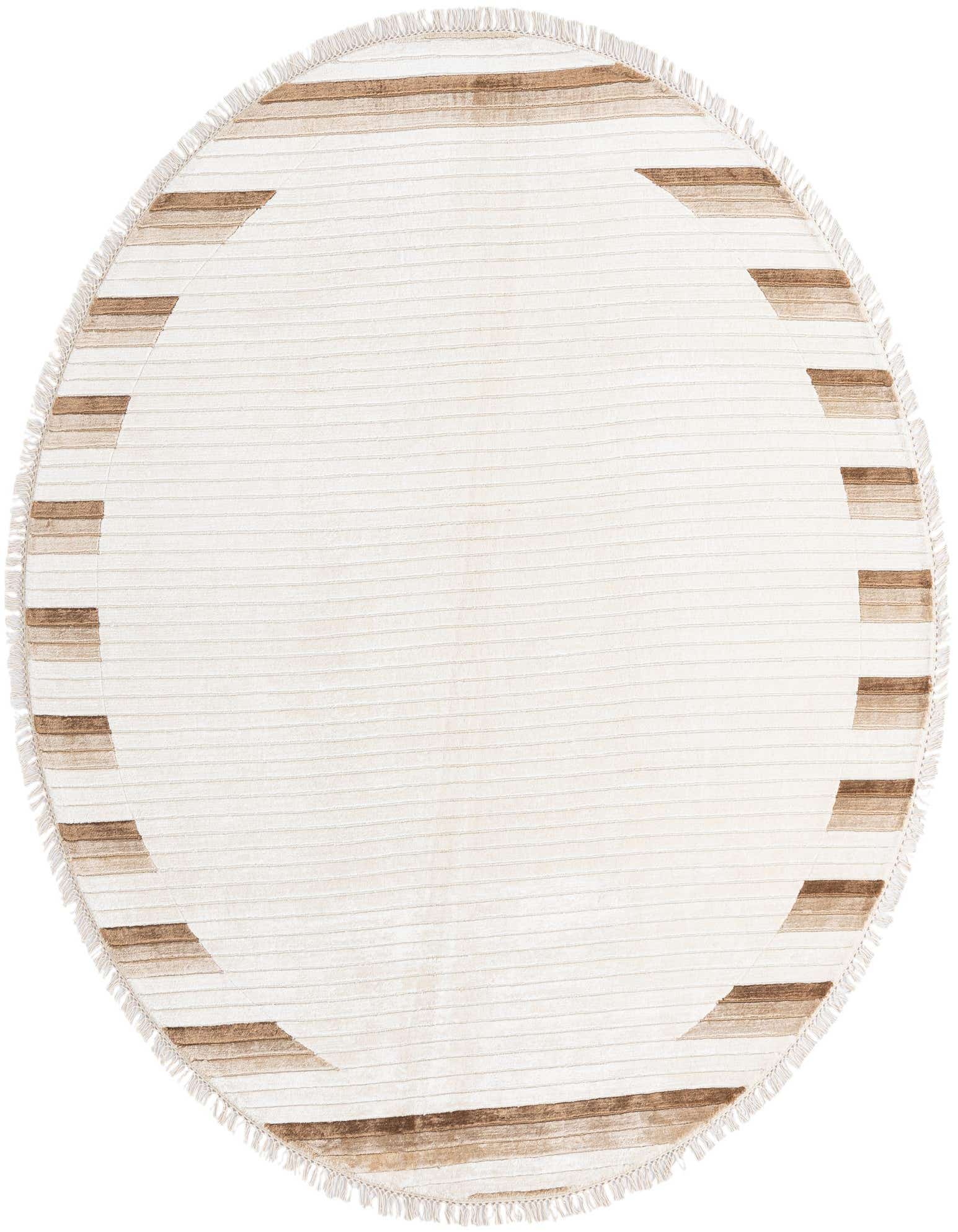 A 6' 6 x 6' 6 round ivory wool rug with subtle horizontal stripes and a modern oriental pattern of brown geometric shapes around the border, featuring fringe.