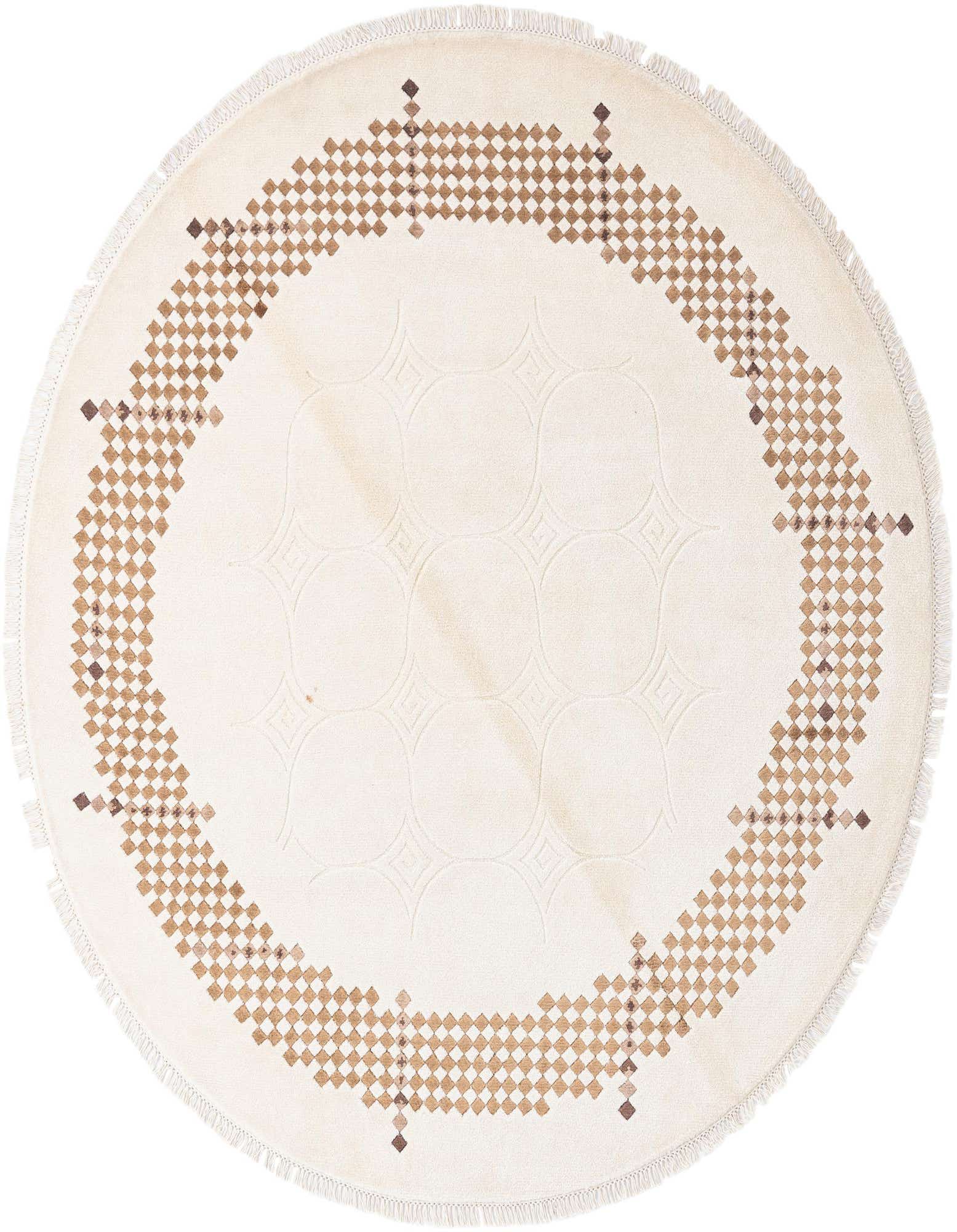 A round ivory wool rug with a modern oriental pattern of brown geometric squares forming a border, perfect for a living room.