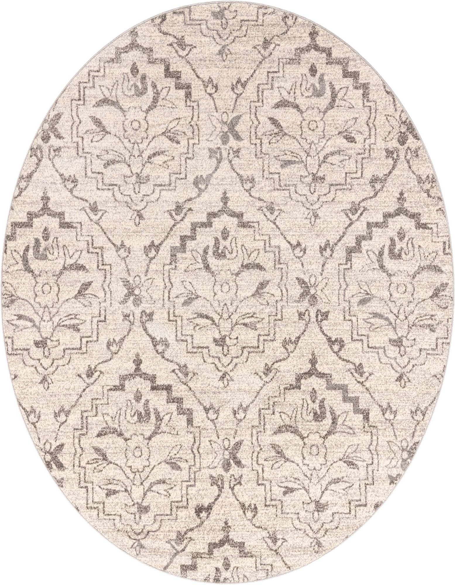 An 8-foot round ivory and cream rug with a traditional botanical pattern, featuring intricate floral and medallion motifs.