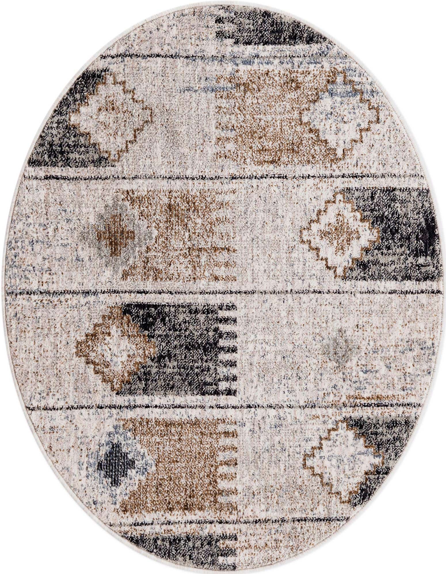A round 3' 3" ivory Southwestern rug with tribal patterns in brown, black, and blue, made from recycled polyester.