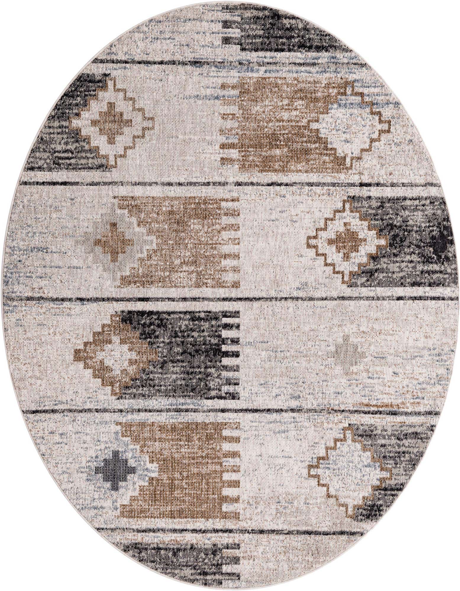 A 7' round Eco Southwestern rug in ivory and cream with tribal stripes and geometric patterns.