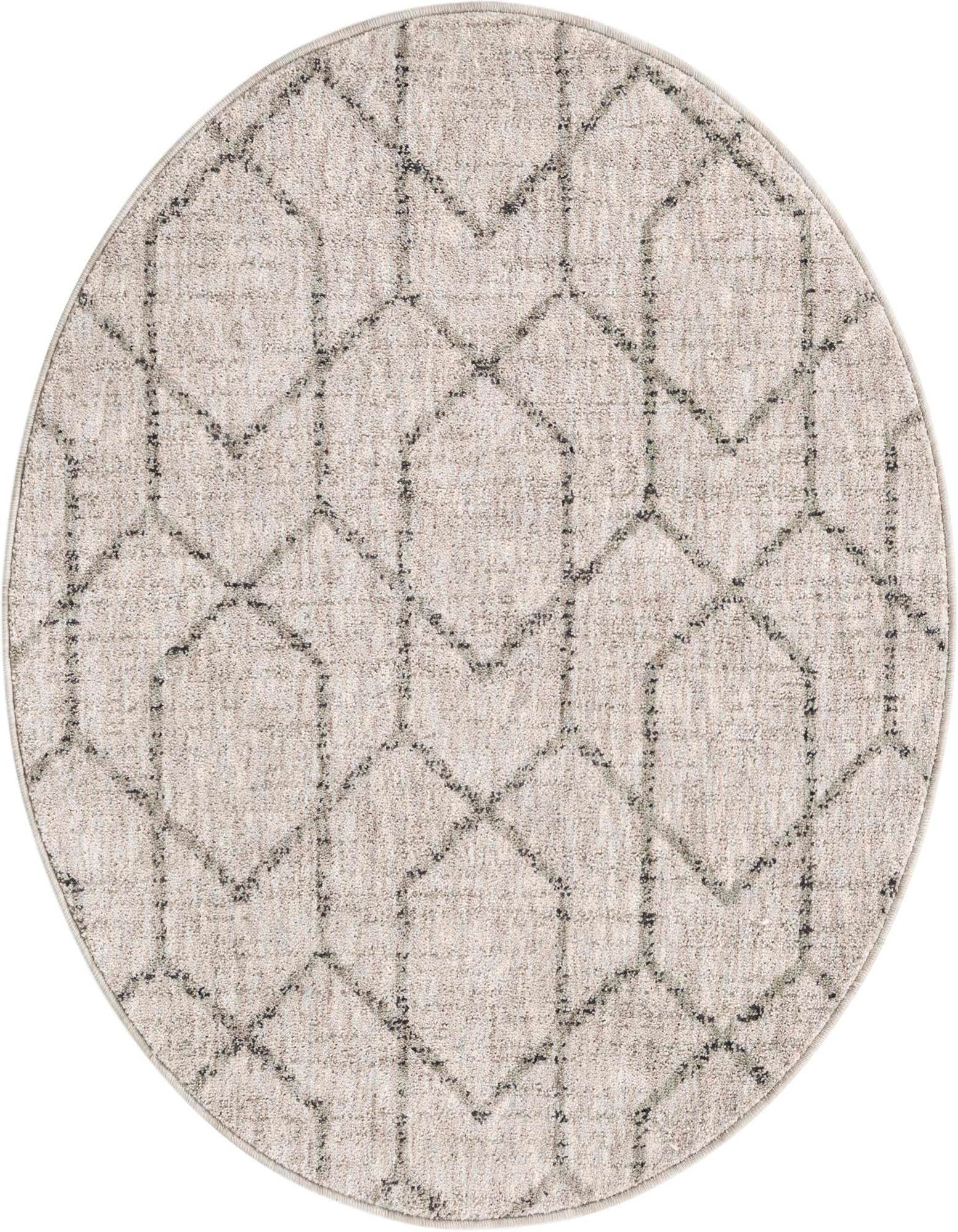 A 3' 3 x 3' 3 round ivory and cream rug with a modern abstract geometric trellis pattern, made from recycled polyester.
