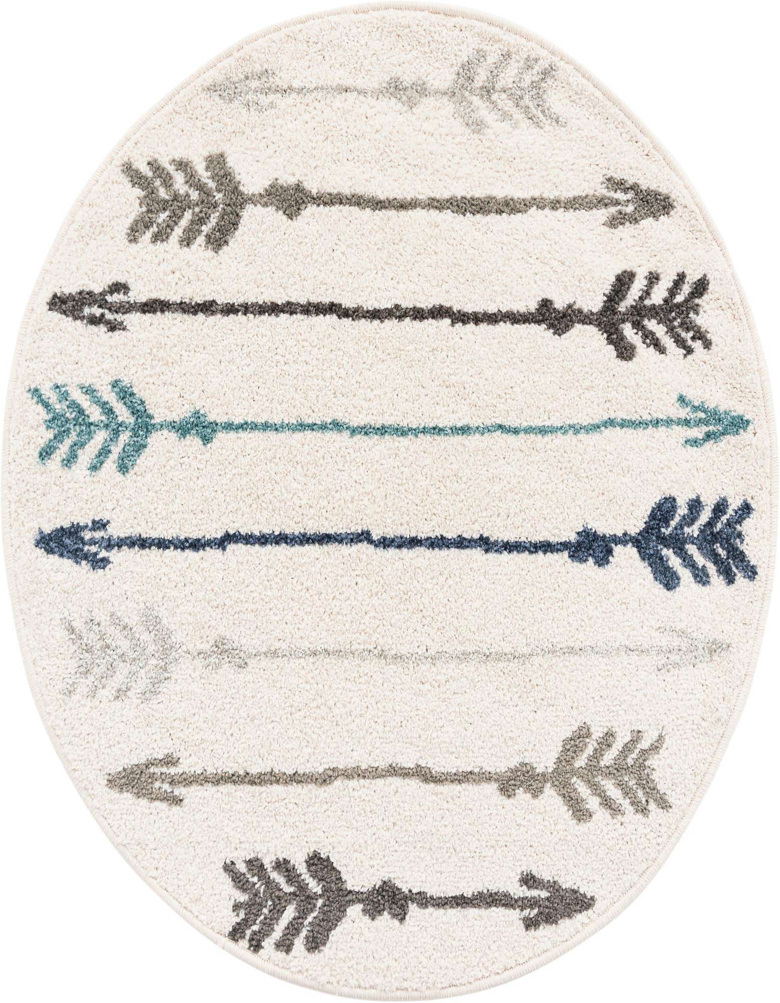 A round ivory rug with a thin pile, featuring horizontal rows of arrows in various shades of blue and gray.