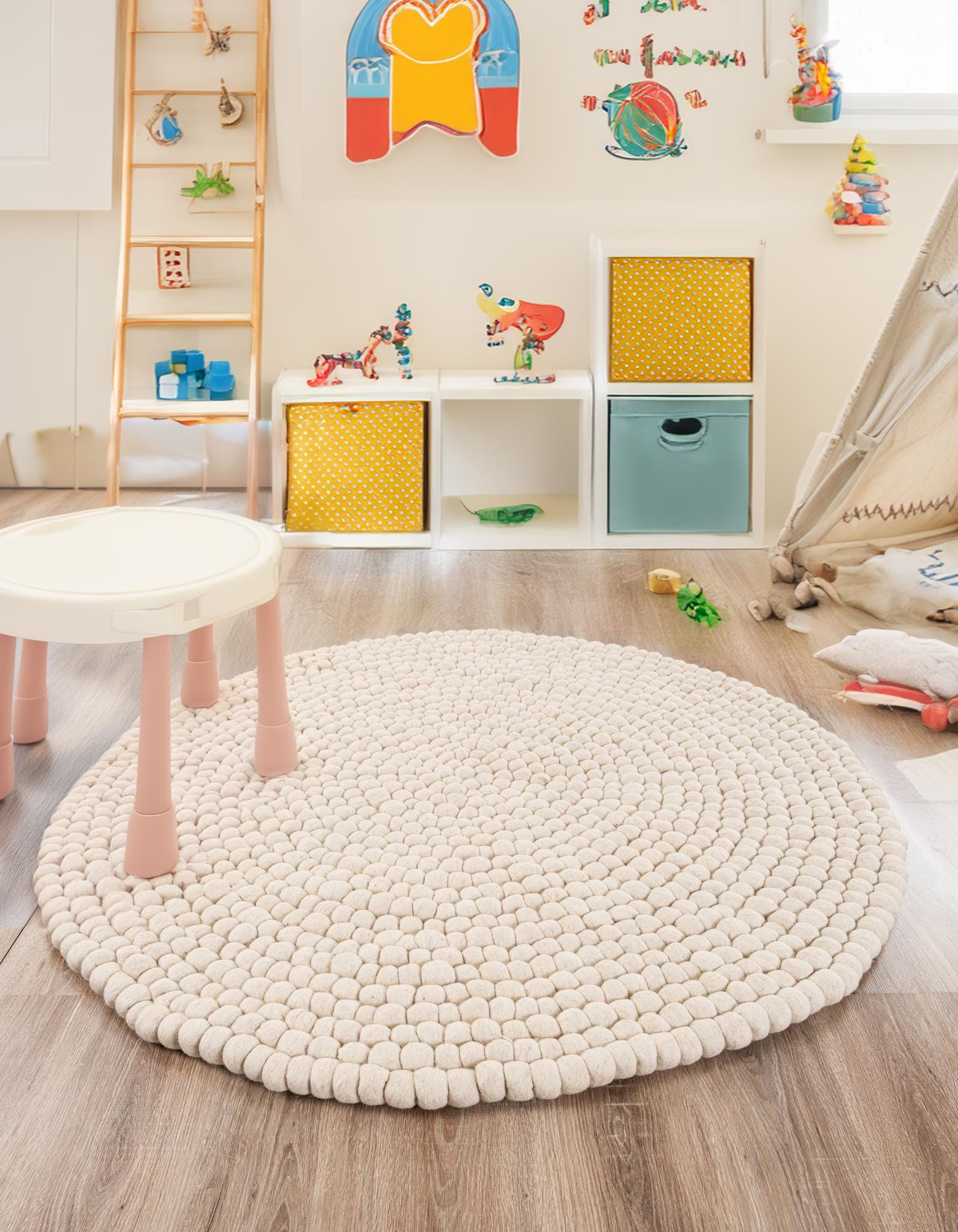 Ivory 5' x 5' Felt Ball Wool Round Rug | Rugs.com