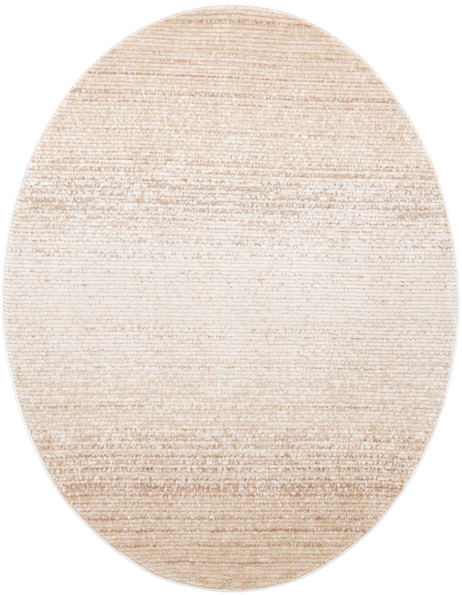 A 6' 3 round ivory and cream polypropylene rug with a subtle textured stripe pattern, suitable for indoor use.