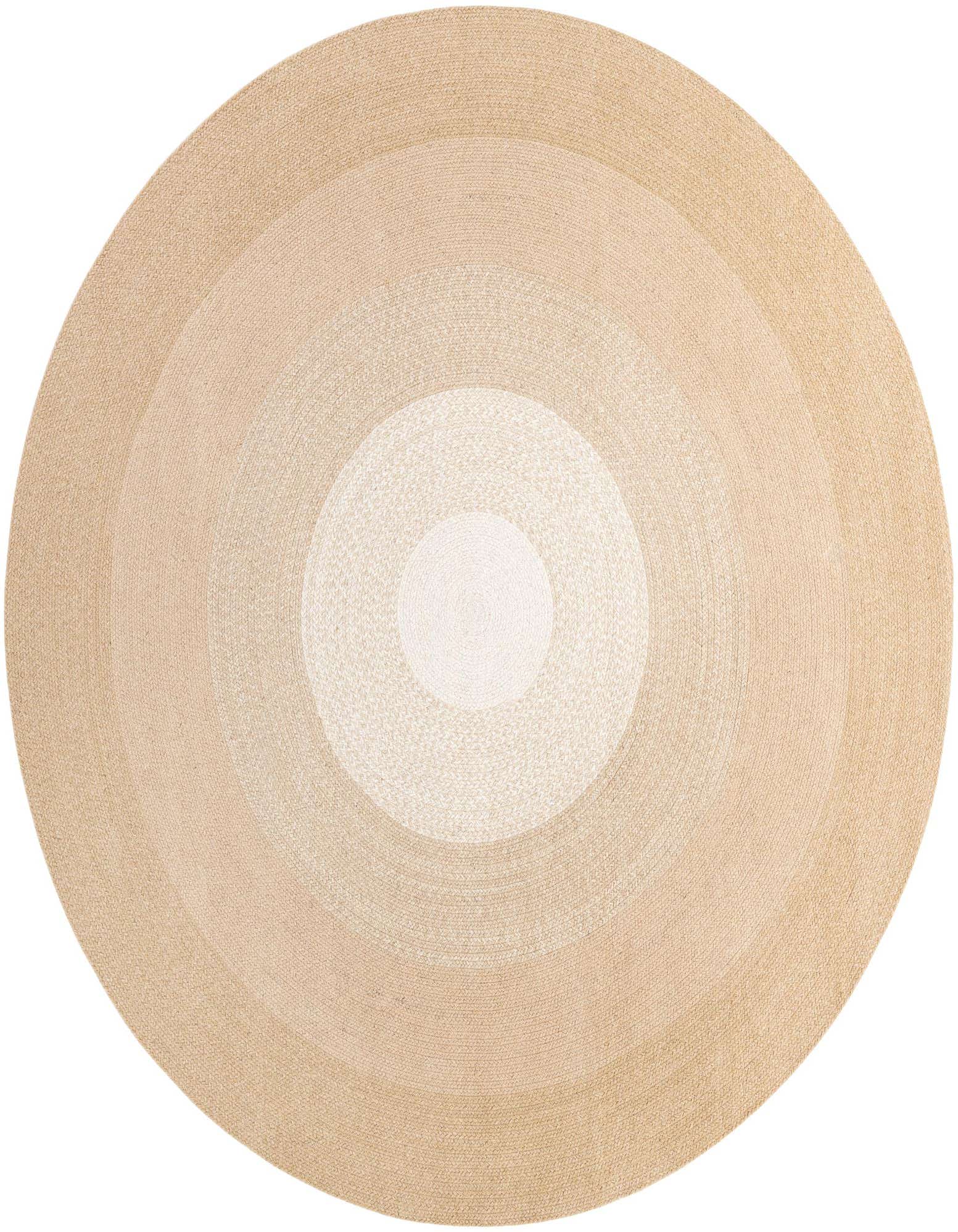A round, hand-braided wool rug featuring concentric circles in varying shades of ivory and cream, creating a soft, modern gradient.