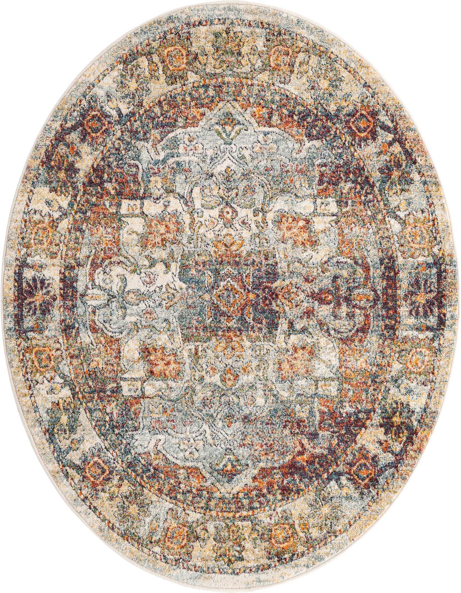 A 5' round Isabella collection rug with a distressed traditional medallion pattern in ivory, cream, and muted jewel tones.