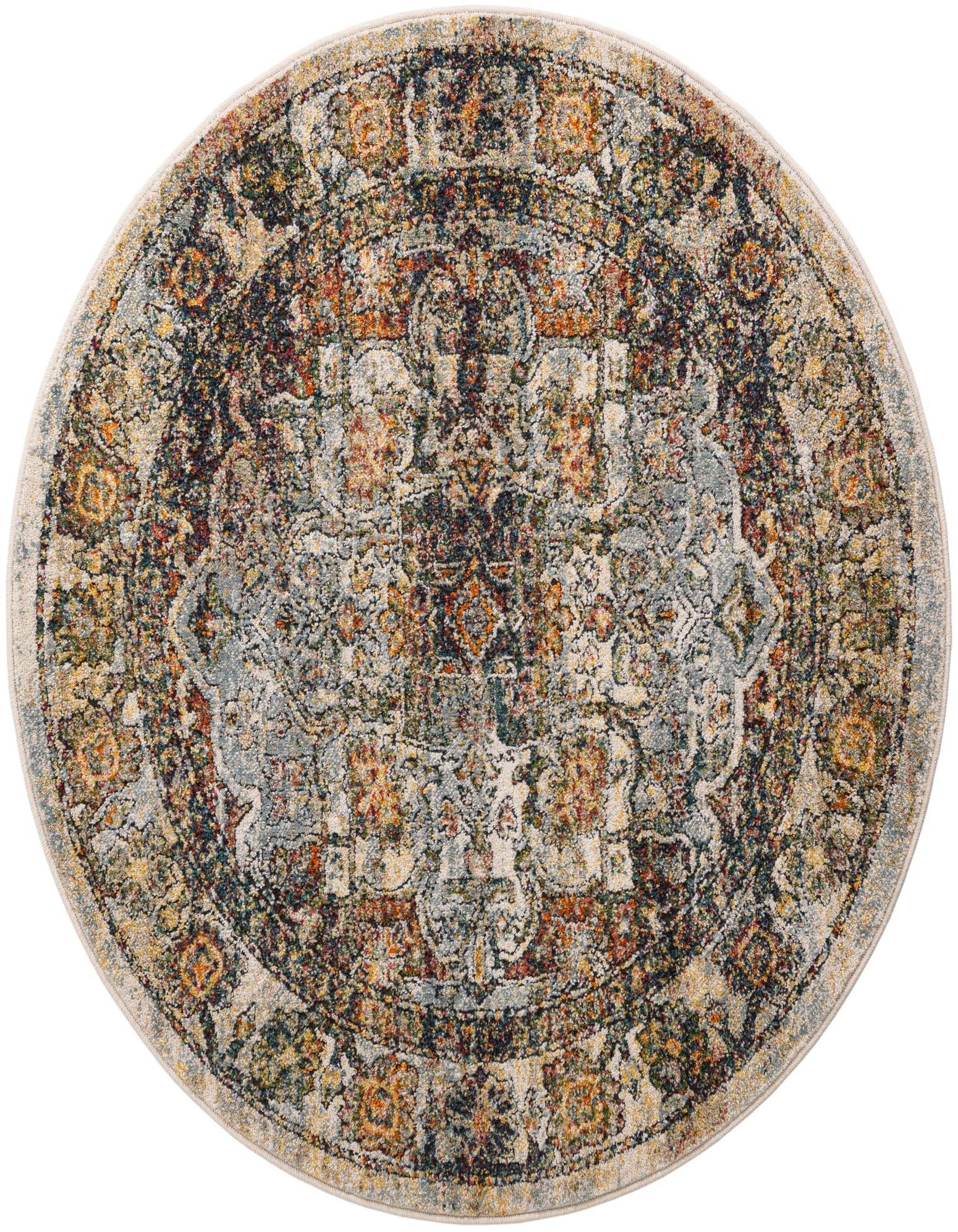 Round ivory and cream rug with a distressed traditional medallion pattern in blues, oranges, and greens.