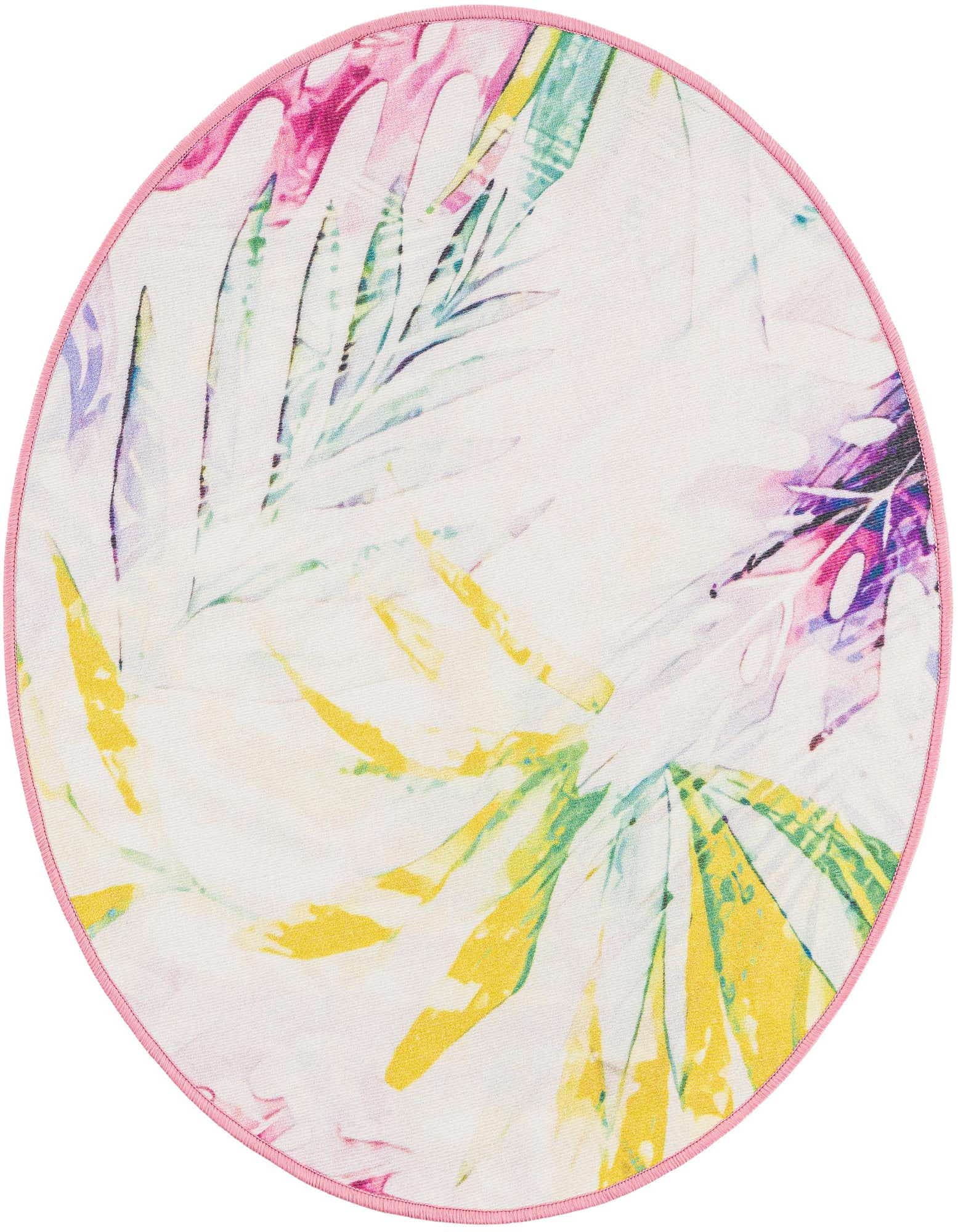 Round ivory rug with a vibrant tropical leaf pattern in pink, yellow, green, and purple, edged in pink.
