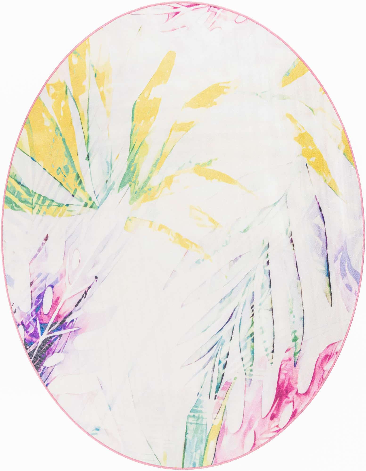 A round, white indoor/outdoor rug with a vibrant tropical leaf pattern in yellow, green, pink, and purple, featuring a thin pink border.