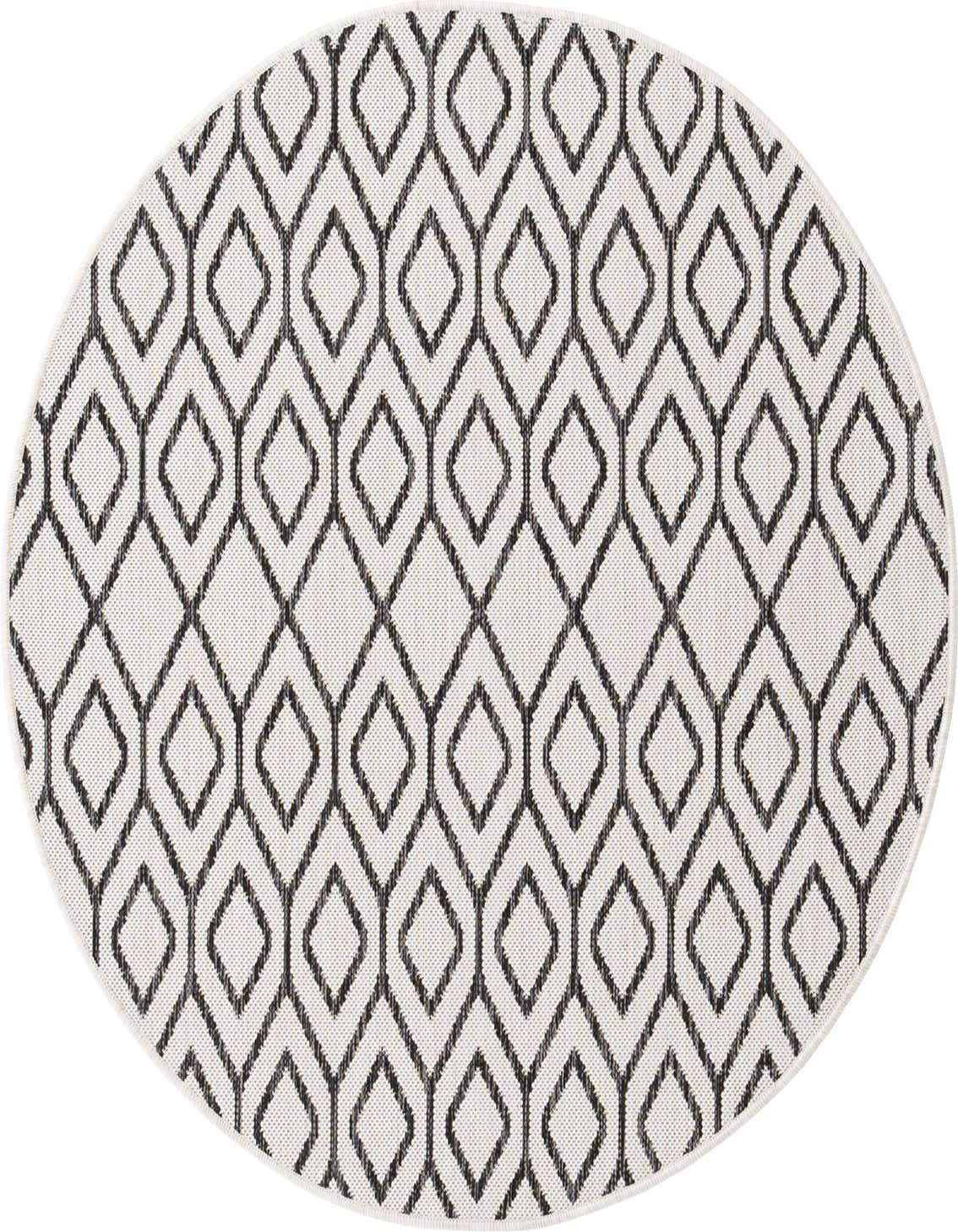 A 4' round ivory and black Bohemian trellis rug with a textured flatweave, suitable for indoor or outdoor use.